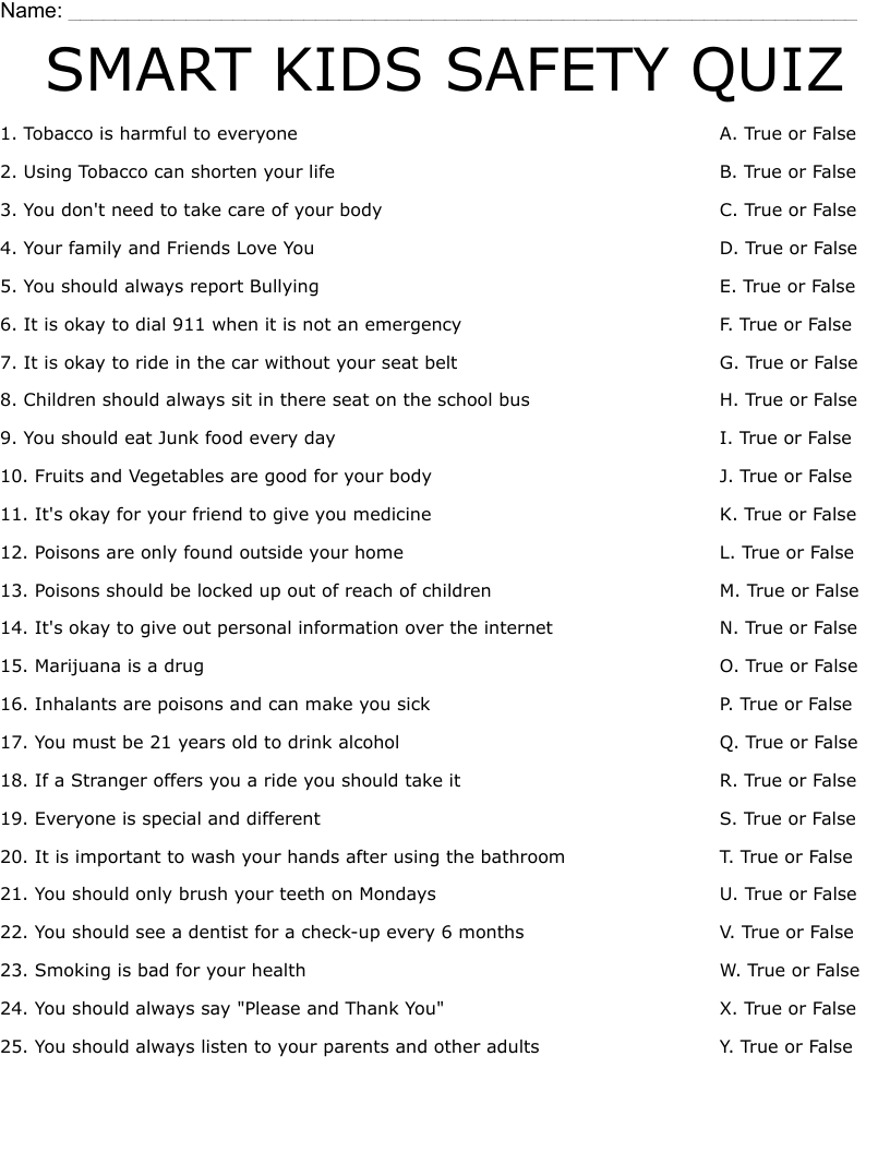 SMART KIDS SAFETY QUIZ Worksheet WordMint