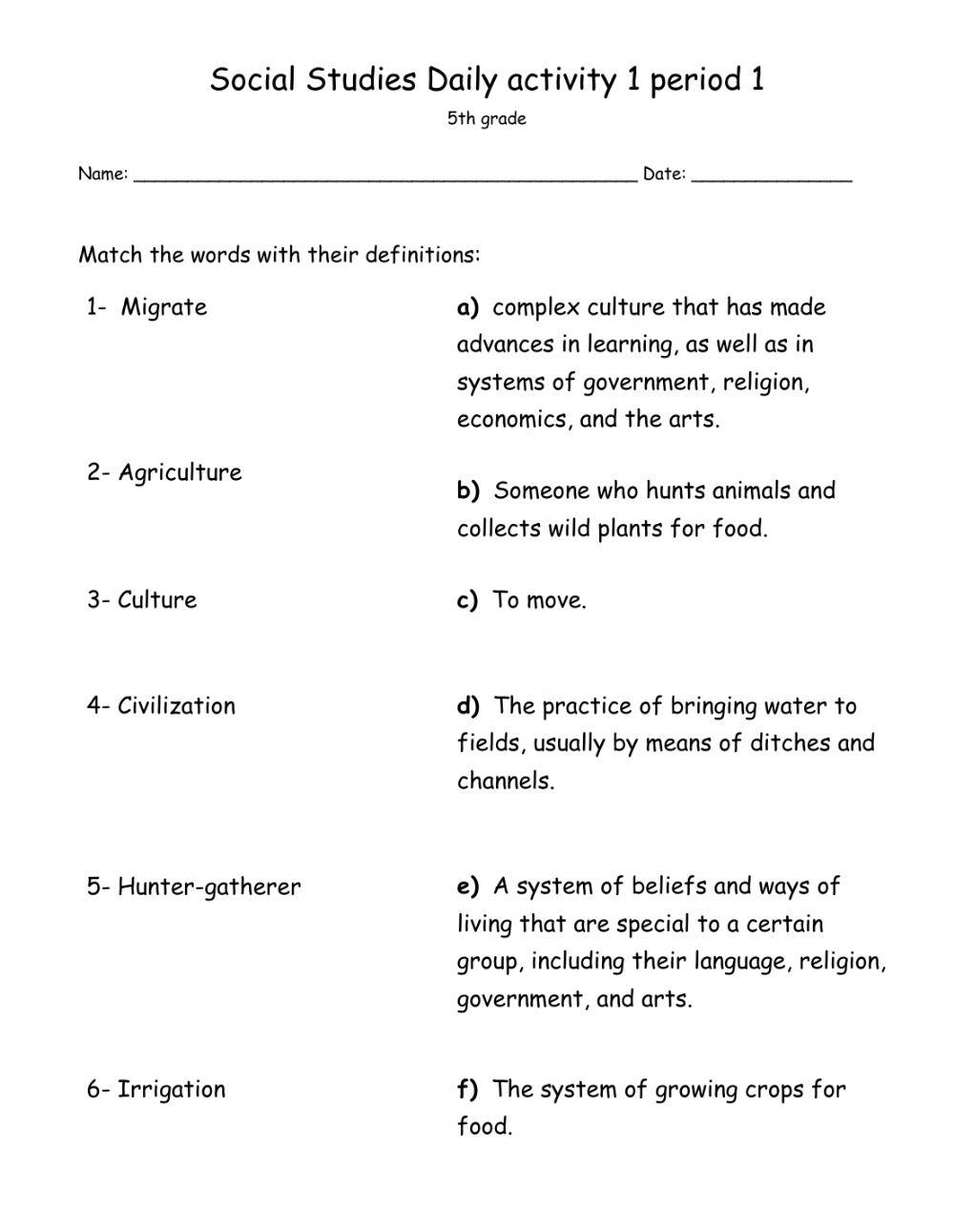Printable 5th Grade History Sheets