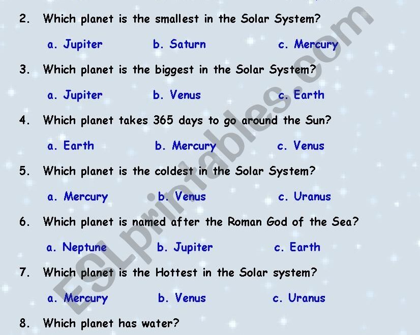 Solar System Quiz ESL Worksheet By Tchen anastassia
