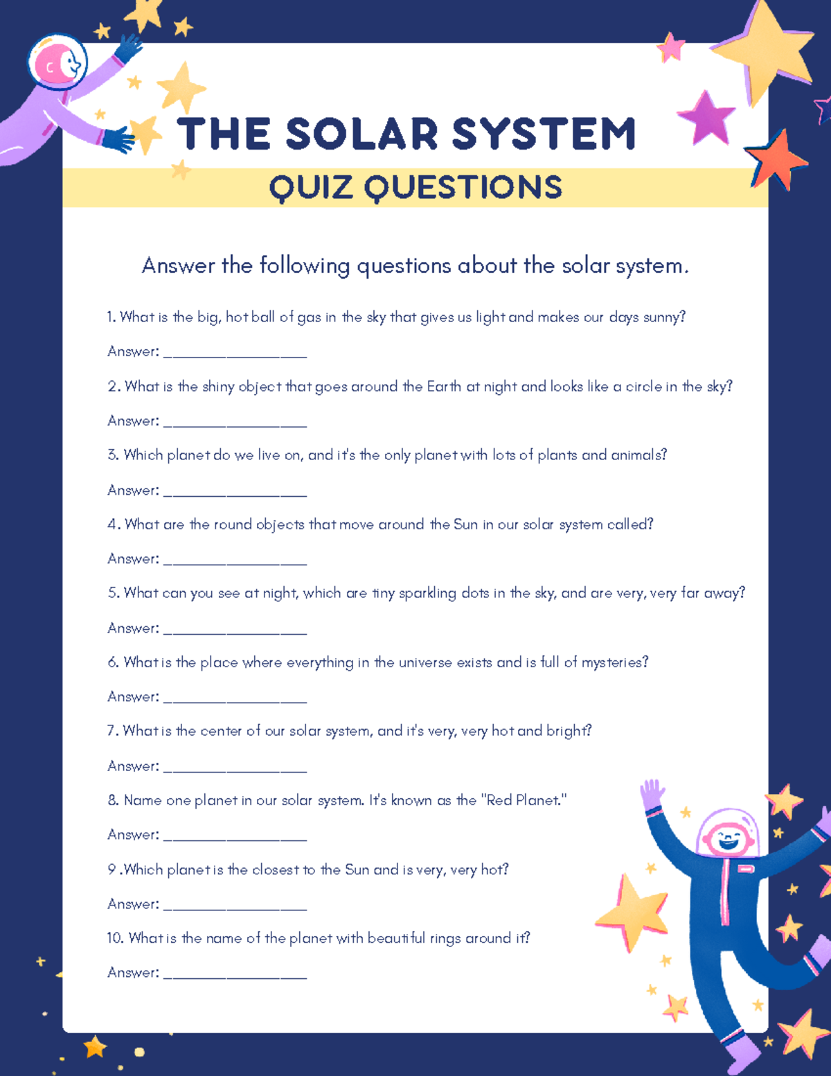Solar System Quiz Printable Solar System Quiz Printable
