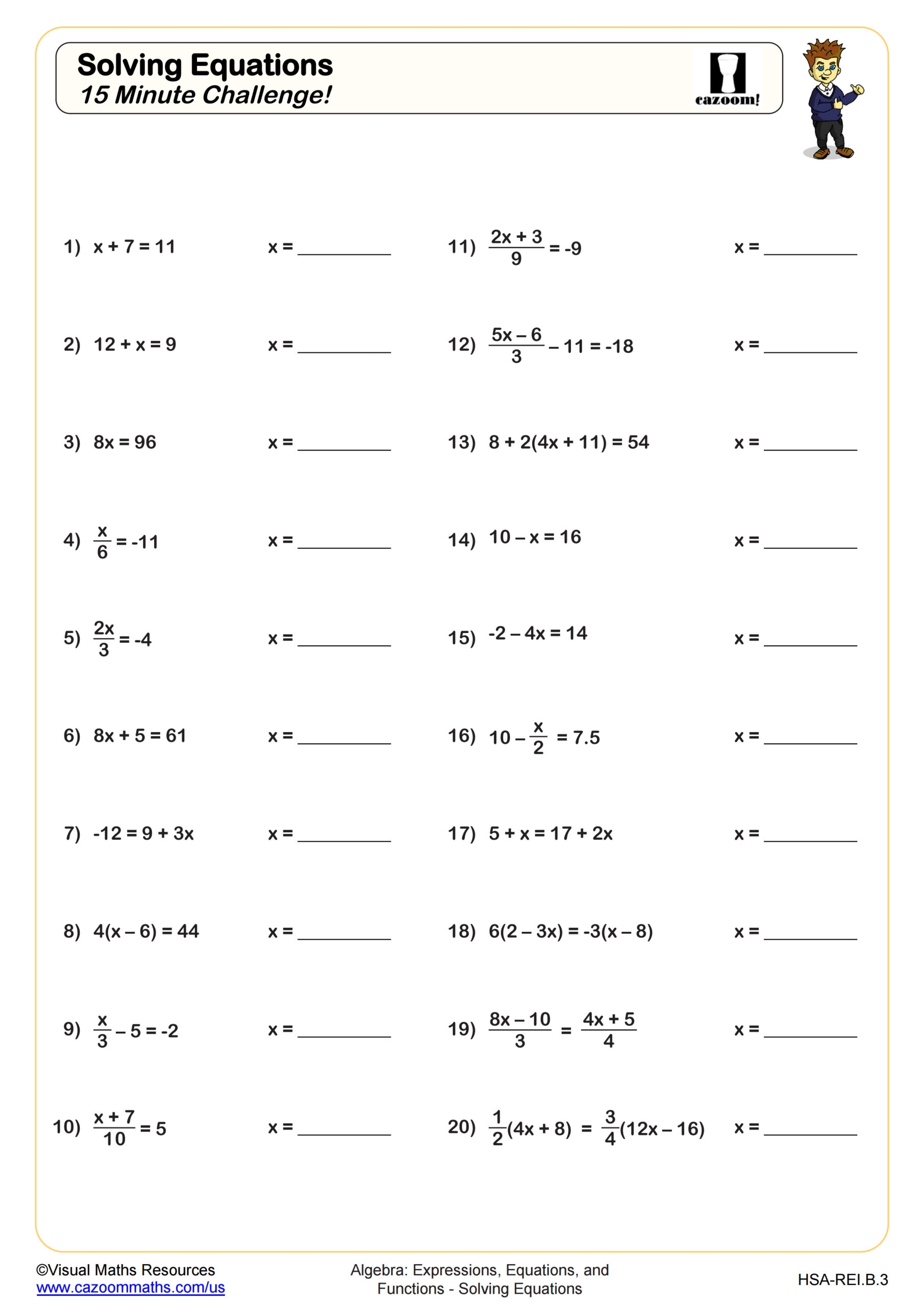 Solving Equations 15 Minute Challenge Worksheet PDF Printable Algebra Worksheet Cazoom Math
