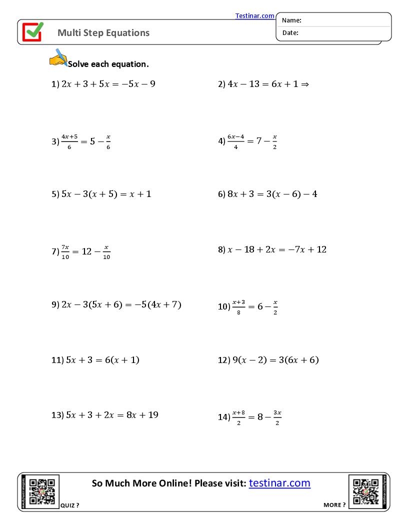 Solving Multi-Step Equation Quiz Printable