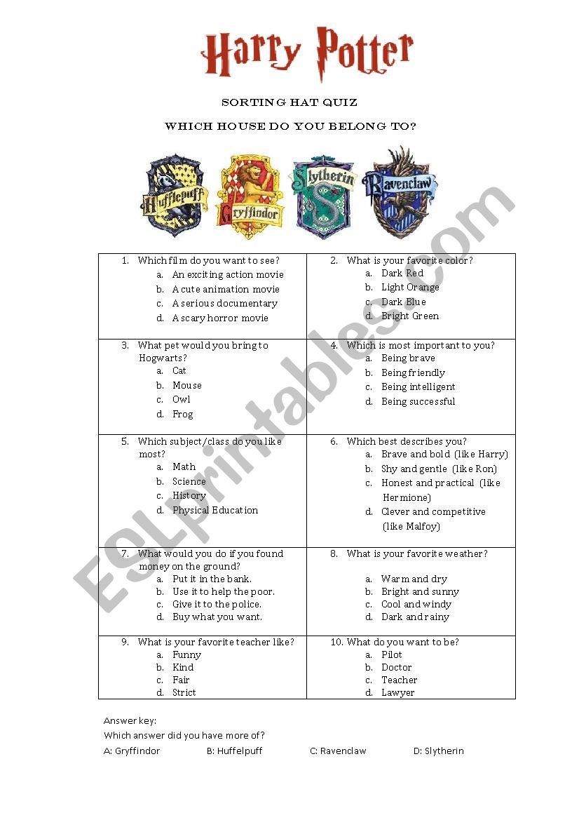 Hogwarts Houses For Kids Quiz Printable
