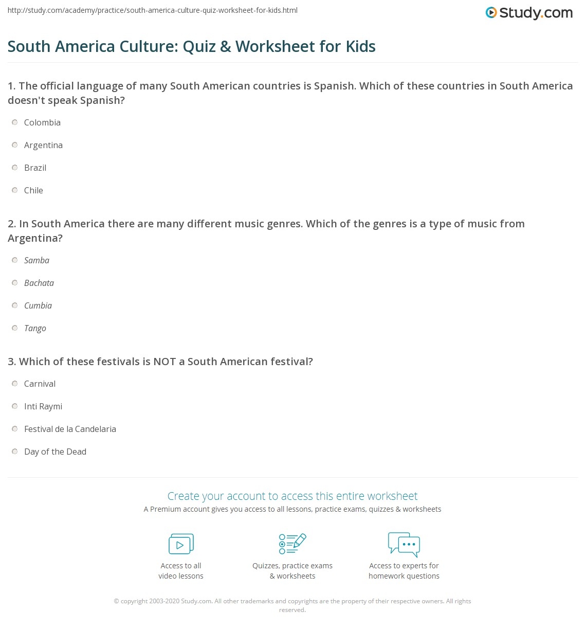South America Culture Quiz Worksheet For Kids Study