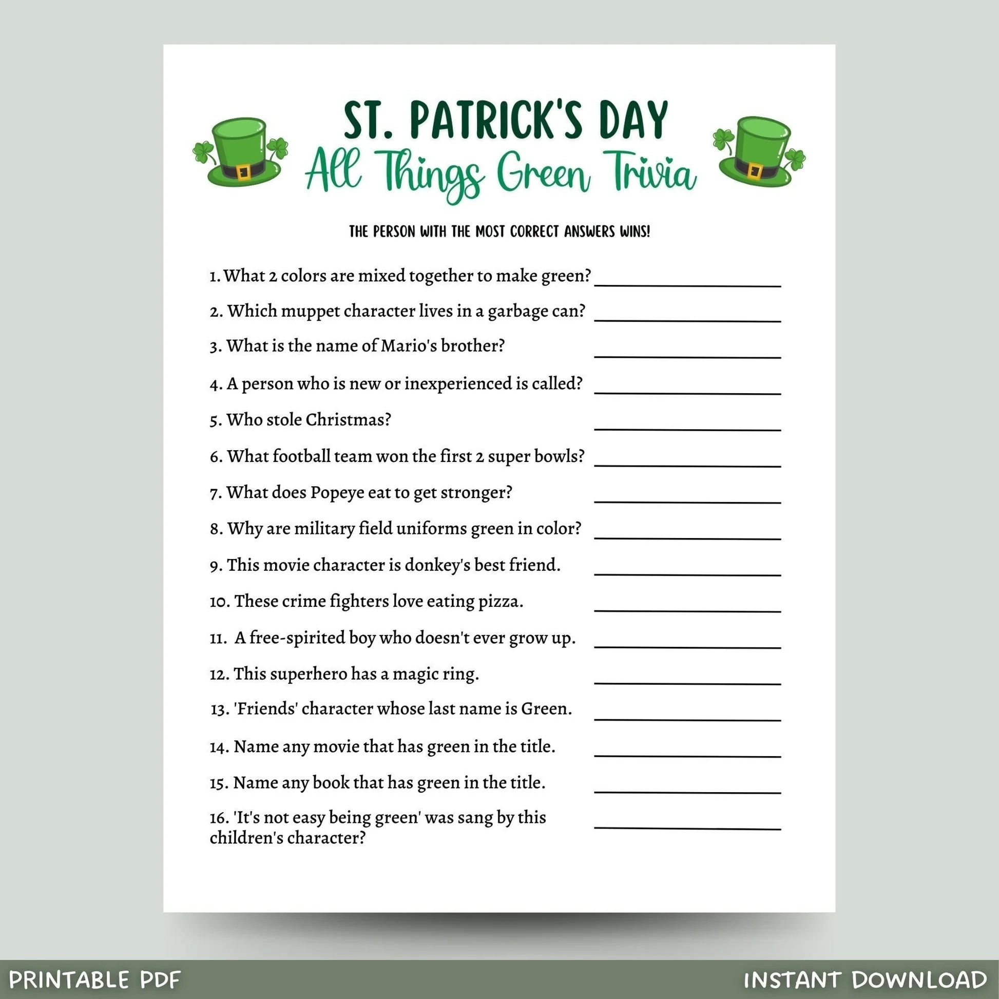 St Patricks Day Green Trivia Game Printable Activity Adults Kids Scribbled LLC