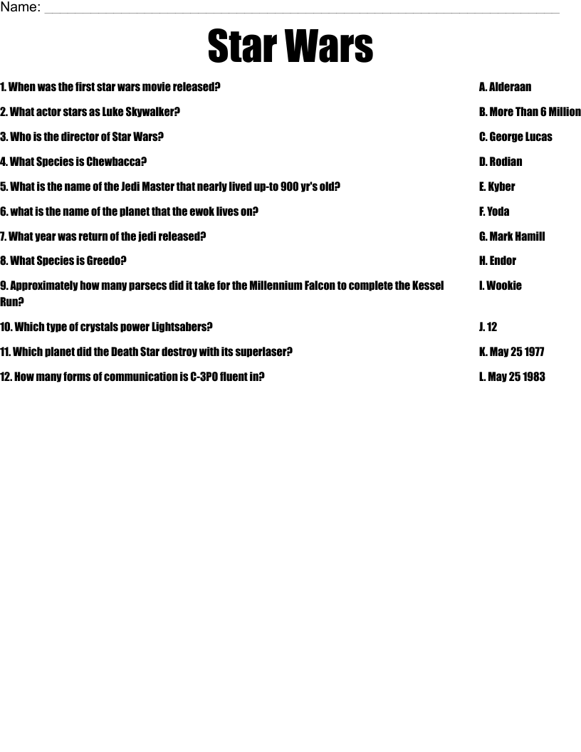 Star Wars Printable Quiz Star Wars Printable Quiz