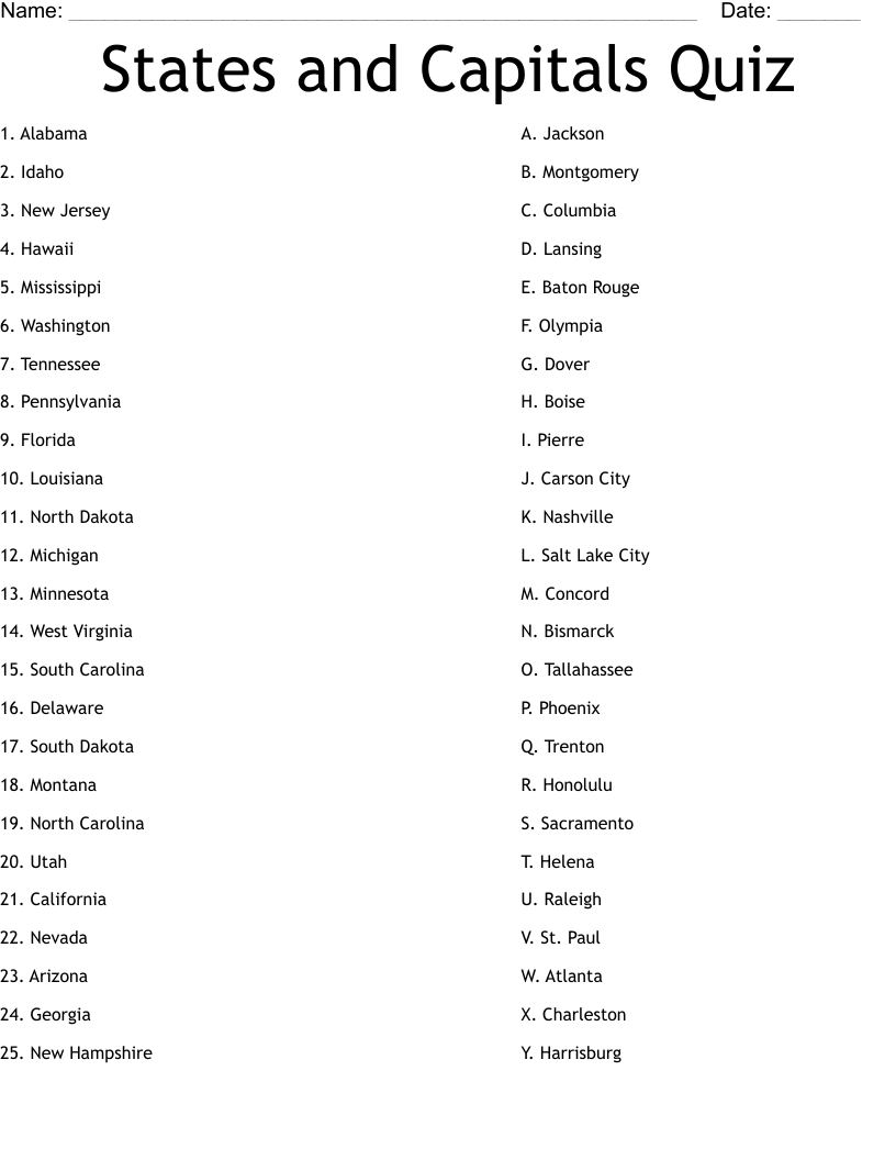 States And Capitals Quiz Worksheet WordMint