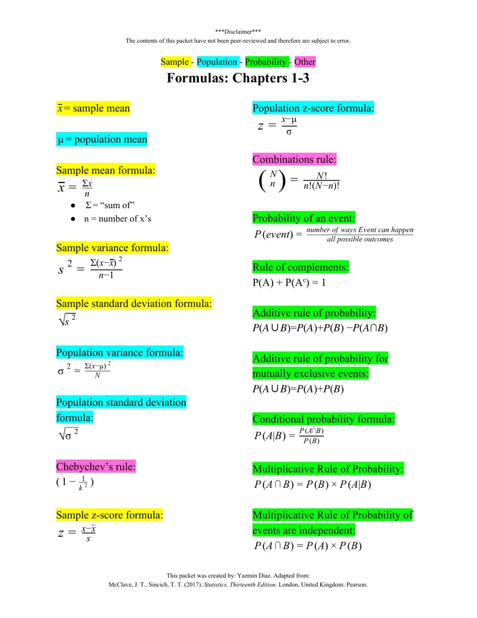 Printable Probability And Statistics Formula Sheets