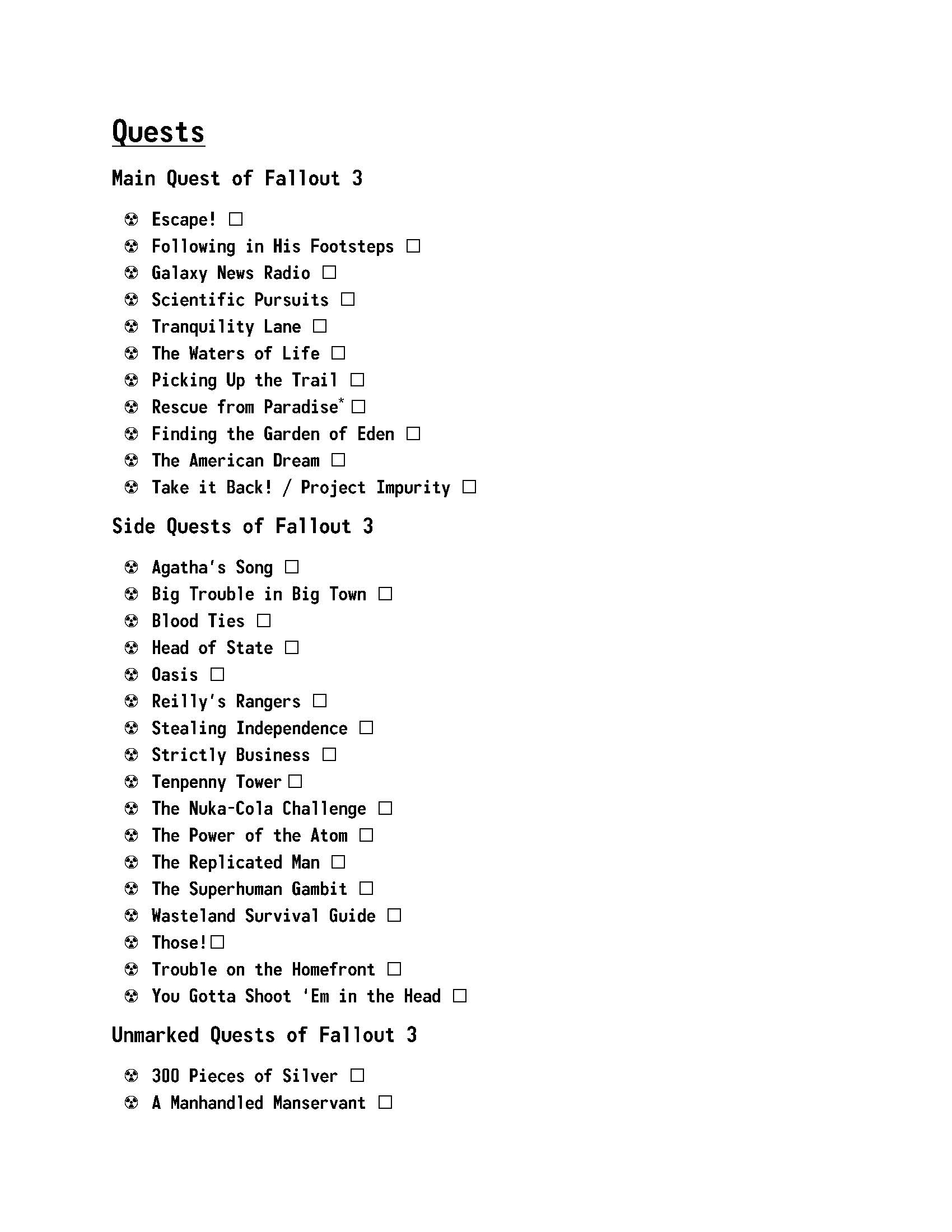 Fallout 4 Printable Quest List