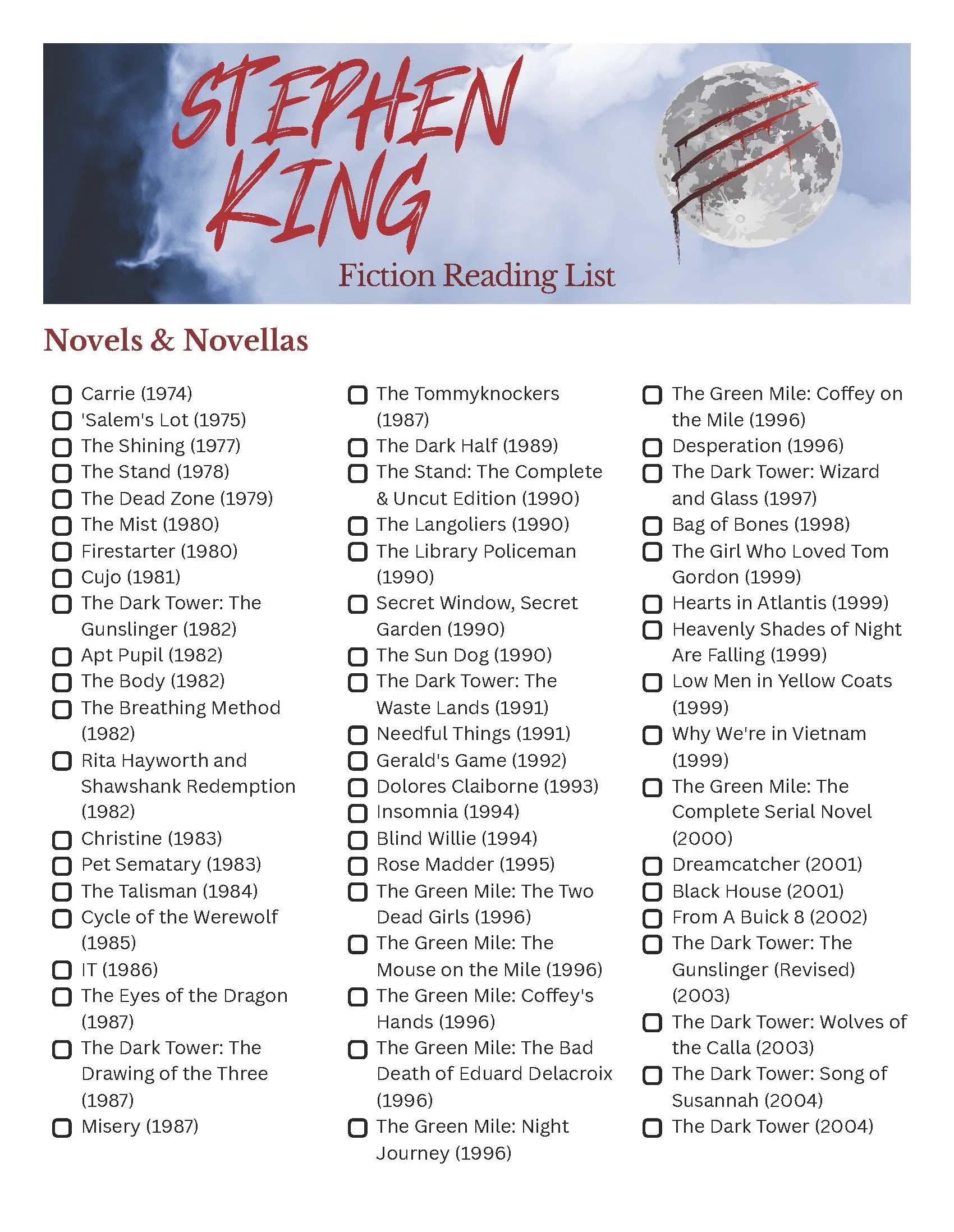 Stephen King Reading Checklist Book Tracker Fiction 2025 Bookshelf Reading Log Printable Pages Digital Template Reading Journal PDF List Etsy