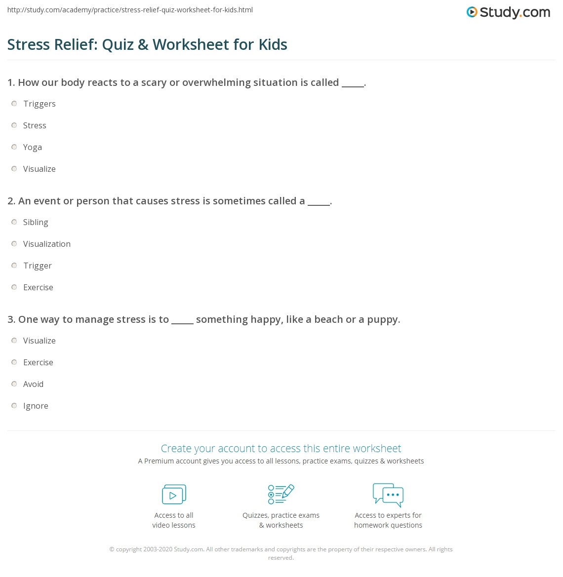 Stress Relief Quiz Worksheet For Kids Study