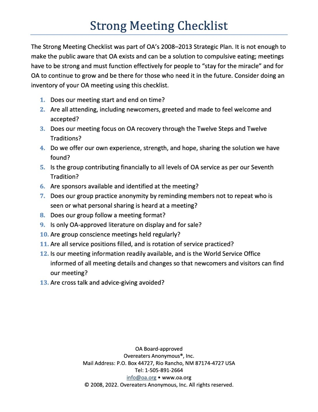 Strong Meeting Checklist Overeaters Anonymous For New York City