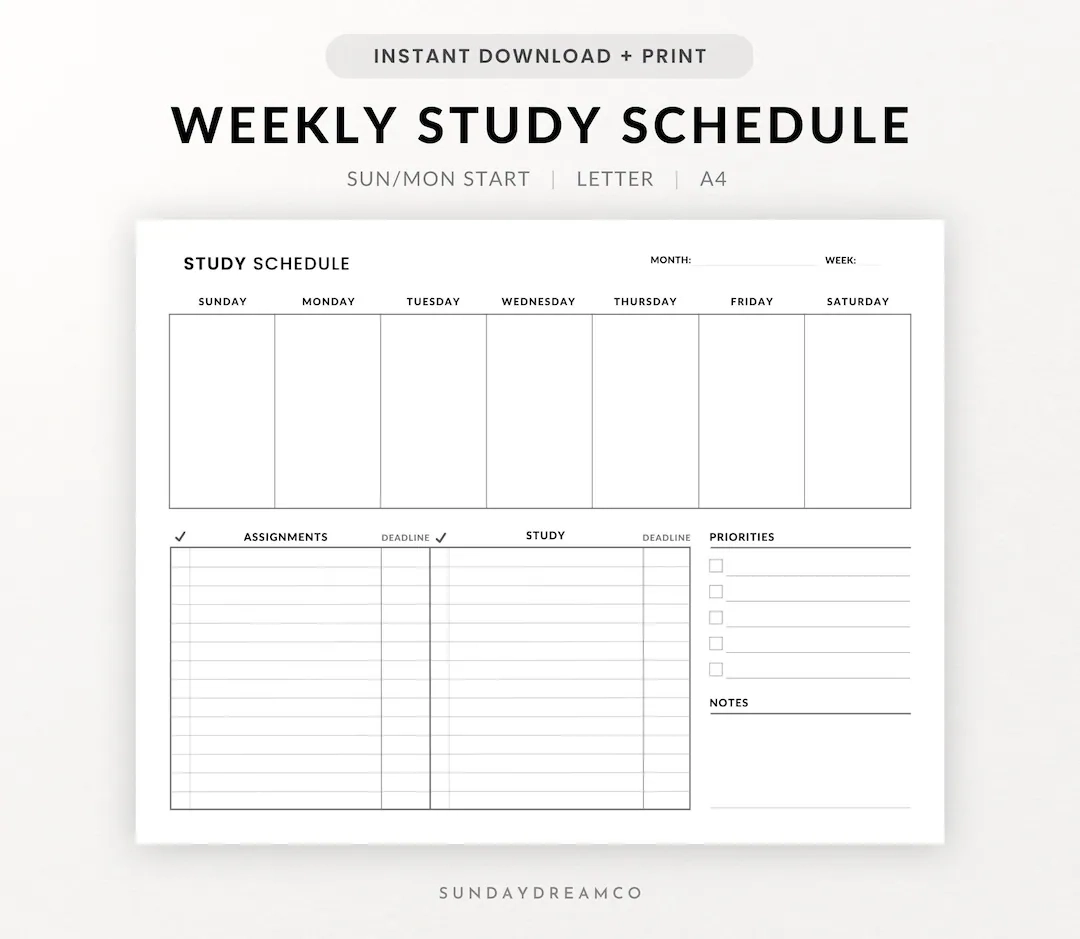 Study Weekly Planner Printable Minimalist Study Schedule Weekly Organizer Printable Desk Planner Academic Planner Printable A4 letter Etsy Israel