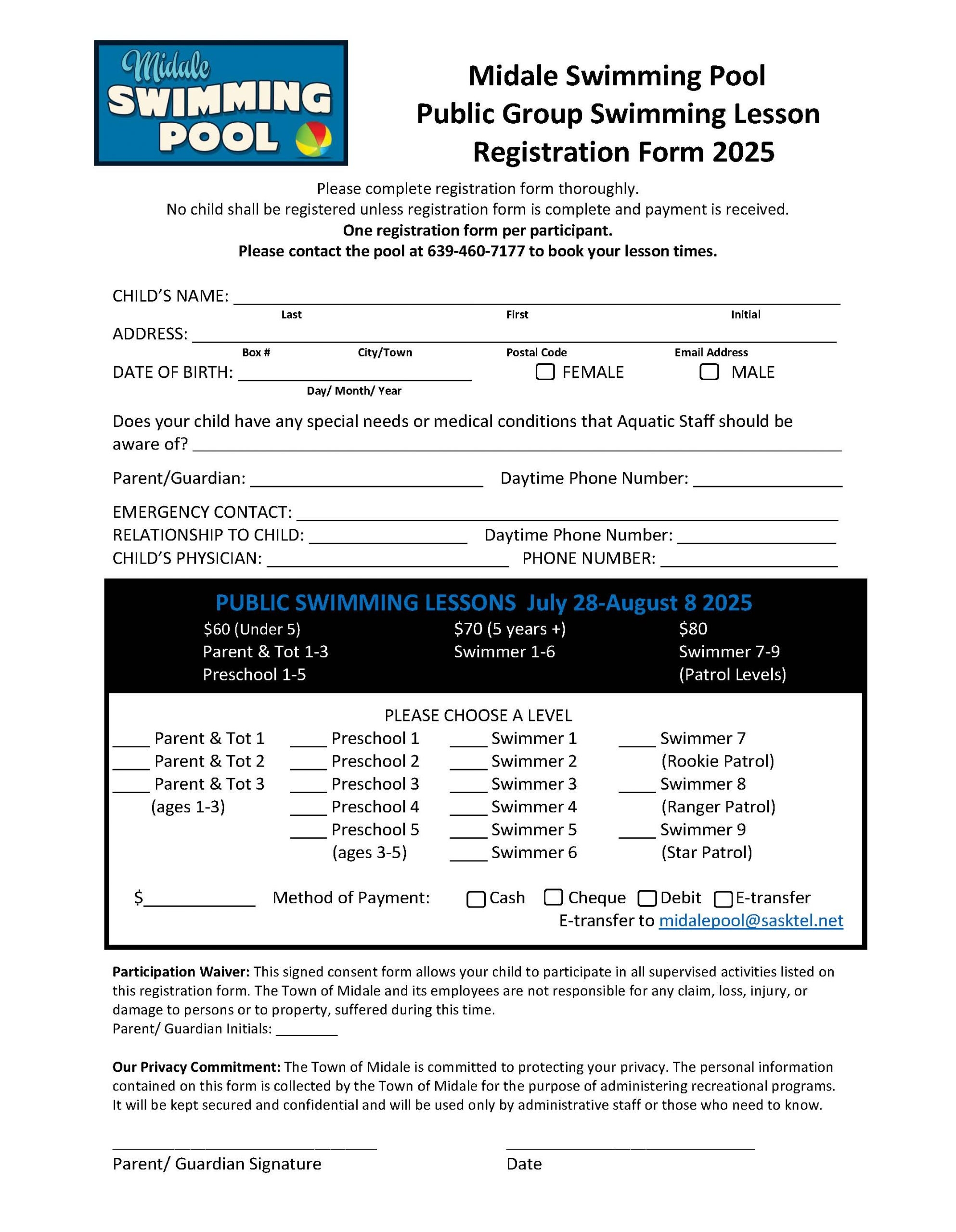 Printable Forms Swim Lessons Sign Up Printable Forms Swim Lessons Sign Up