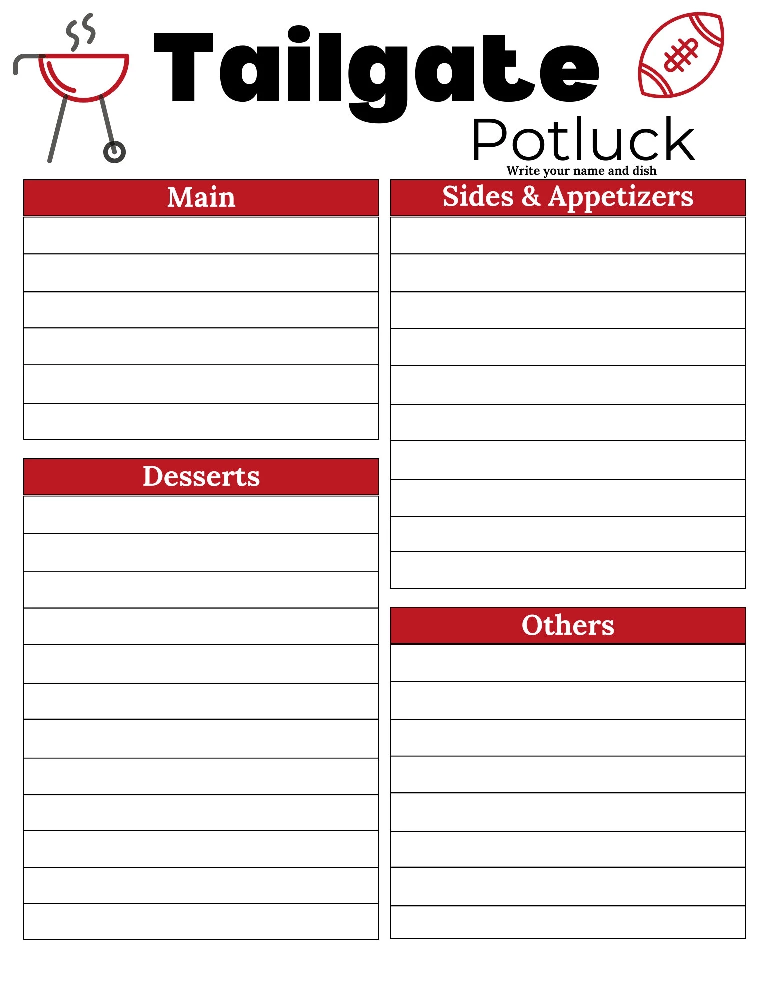 Tailgate Potluck Sign Up Sheet Printable