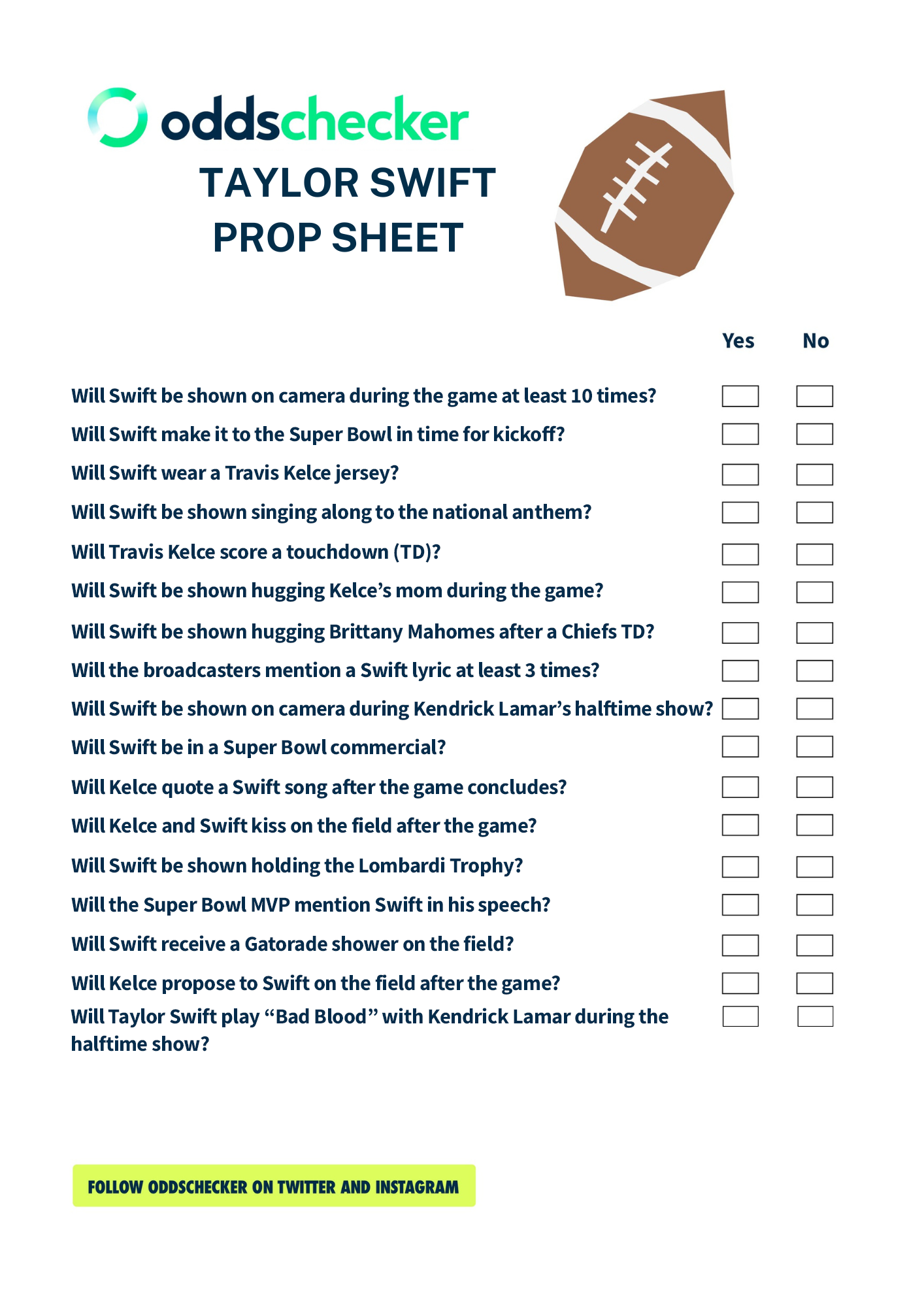 Super Bowl Prop Sheet 2026 Printable