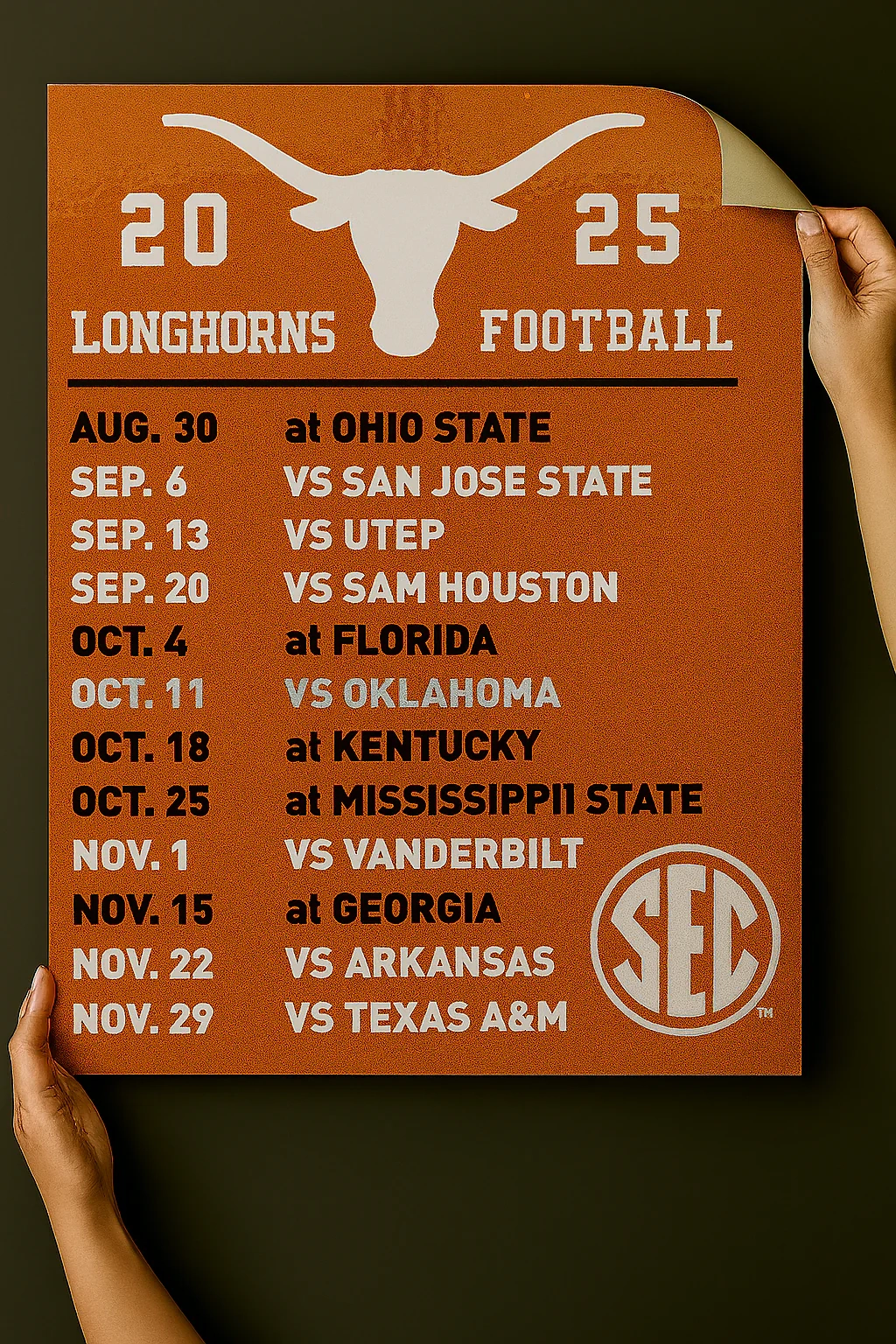 Texas Longhorns Printable Football Schedule