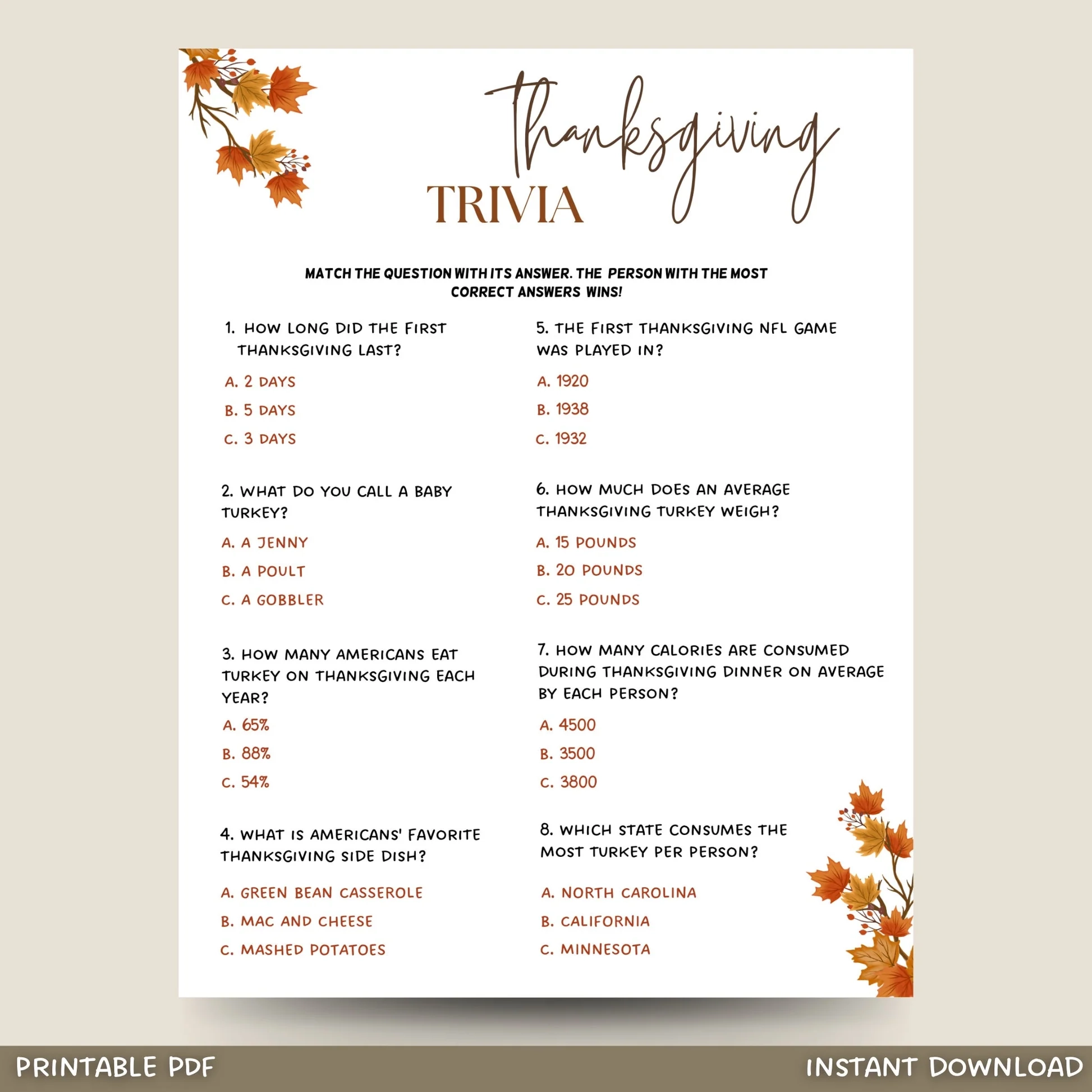 Thanksgiving Trivia Game Printable Friendsgiving Party Activity Scribbled LLC