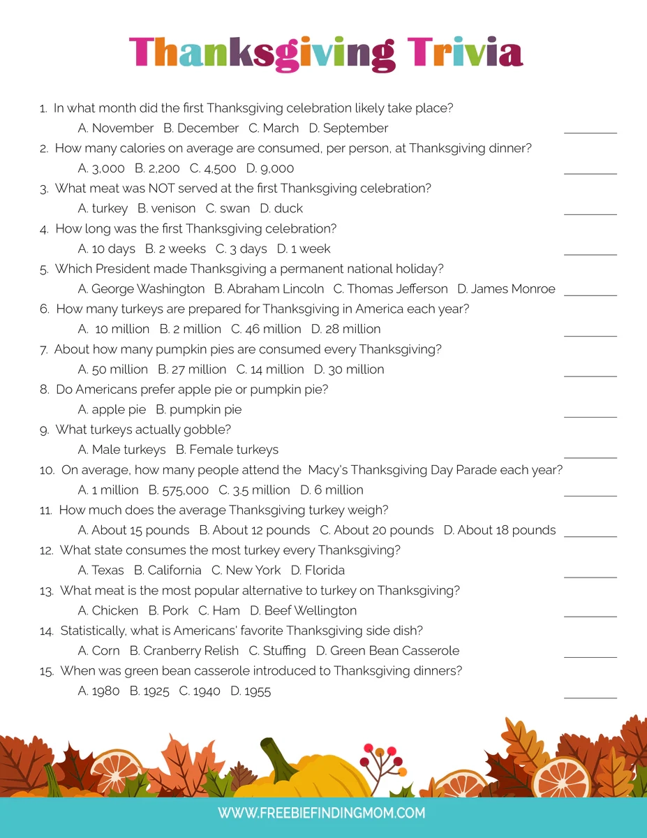 Thanksgiving Printable Trivia Questions