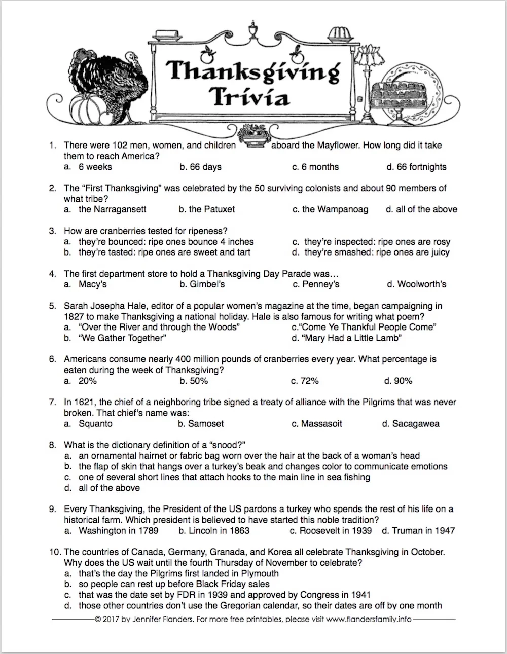Thanksgiving Day Trivia Printable