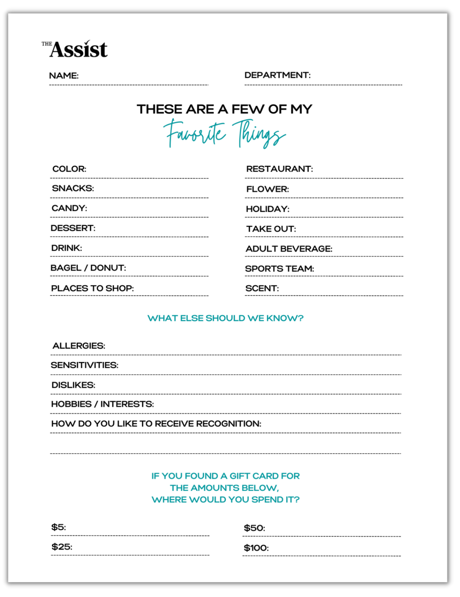 Printable Employee Favorite Things List Printable Employee Favorite Things List