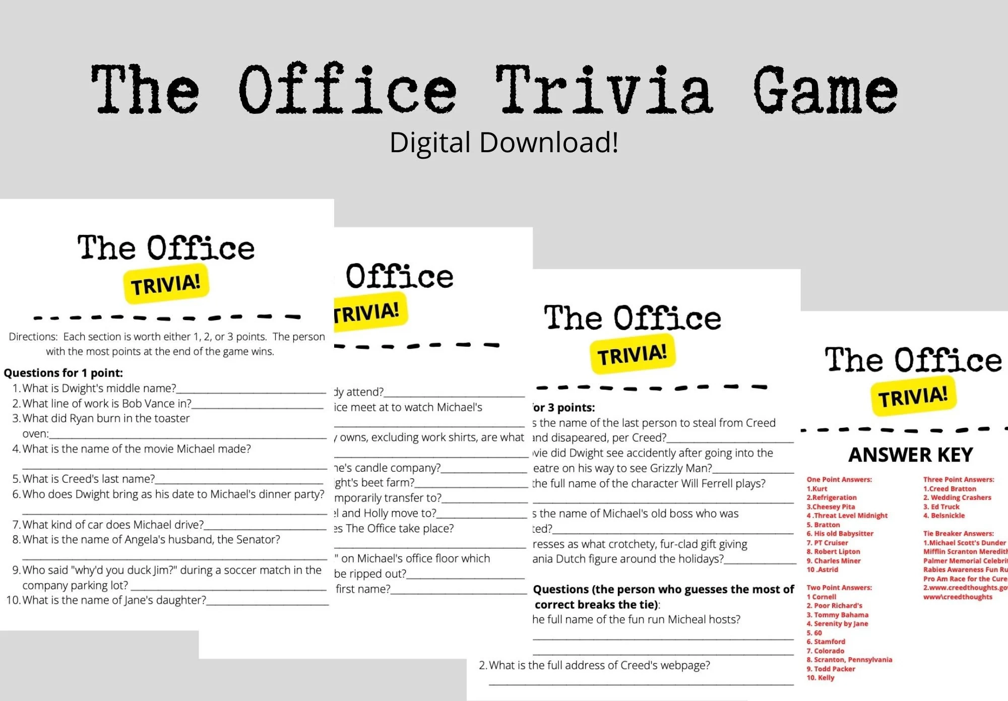 The Office Trivia Game 4 Pages 3 Rounds 25 Questions 2 Bonus Questions Answer Key Printable Etsy