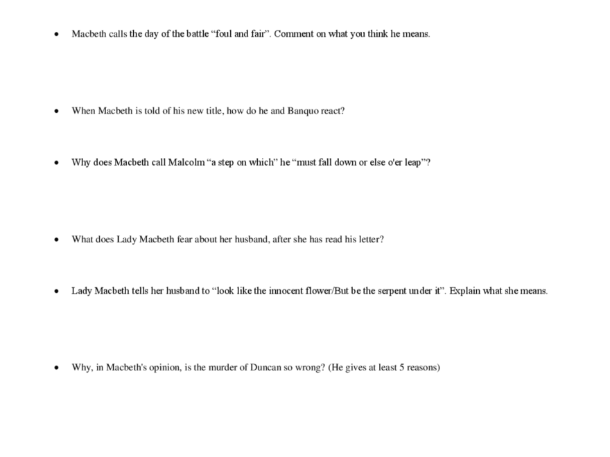The Tragedy Of Macbeth Study Guide Questions Acts 1 2 Schemes And Mind Maps English Literature Docsity