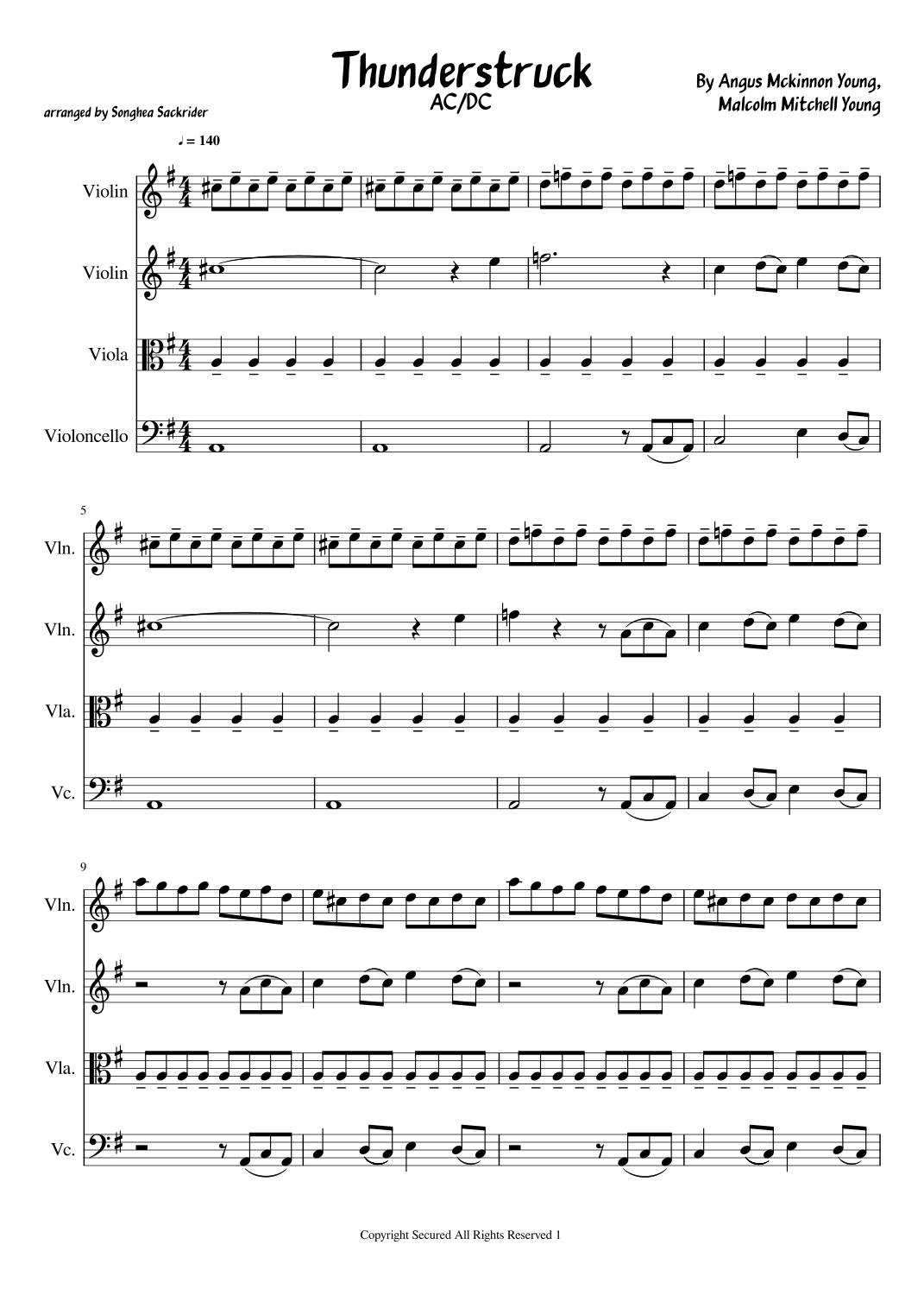 Thunderstruck arr Songhea Sackrider By AC DC Sheet Music For String Quartet At Sheet Music Direct