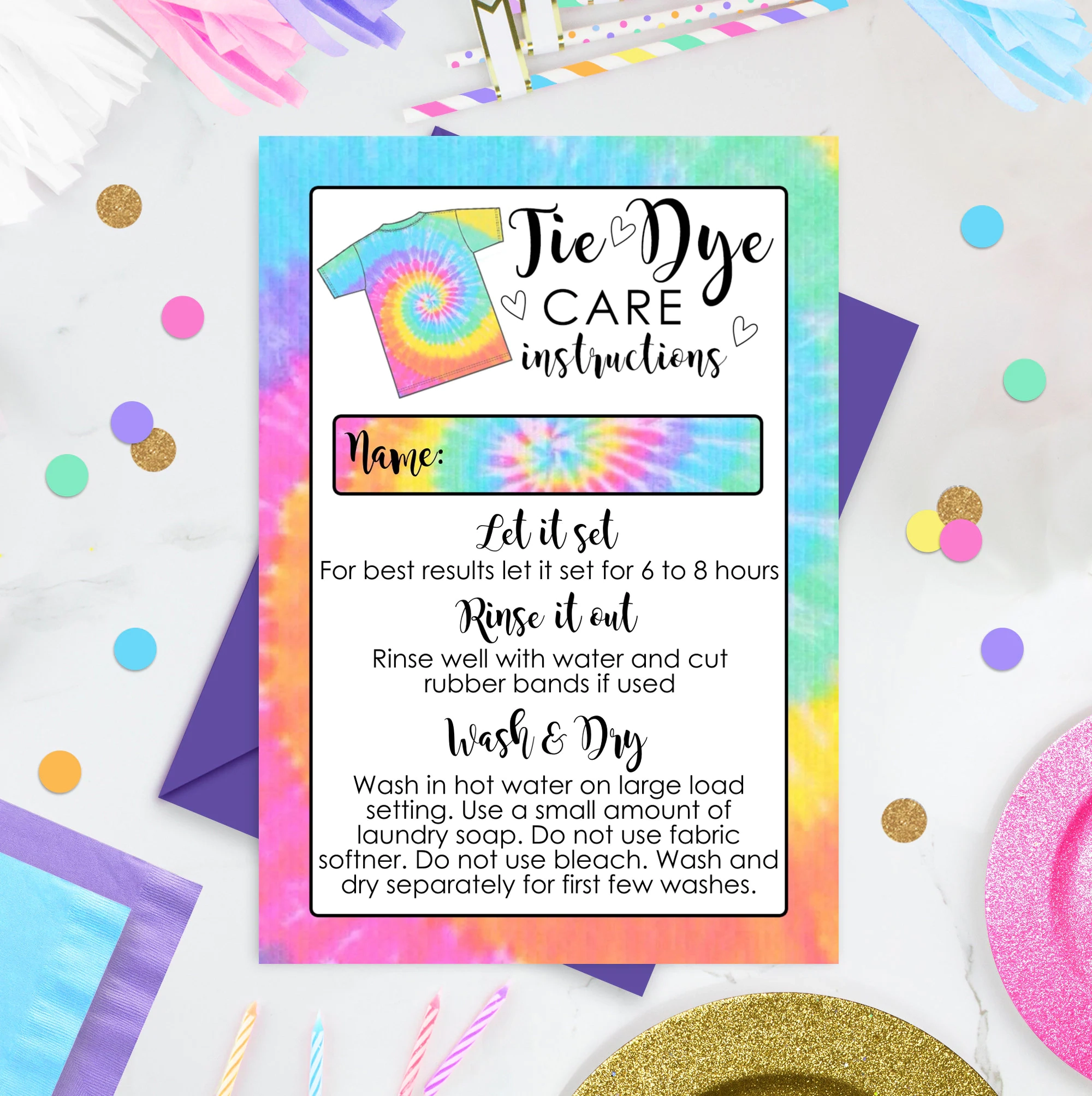 Tie Dye Care Instructions Card Rainbow Design digital Download Etsy