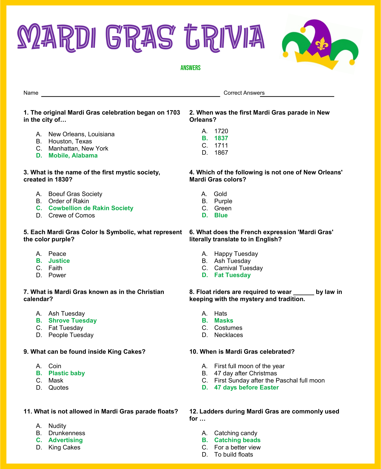Quiz With Answers Printable