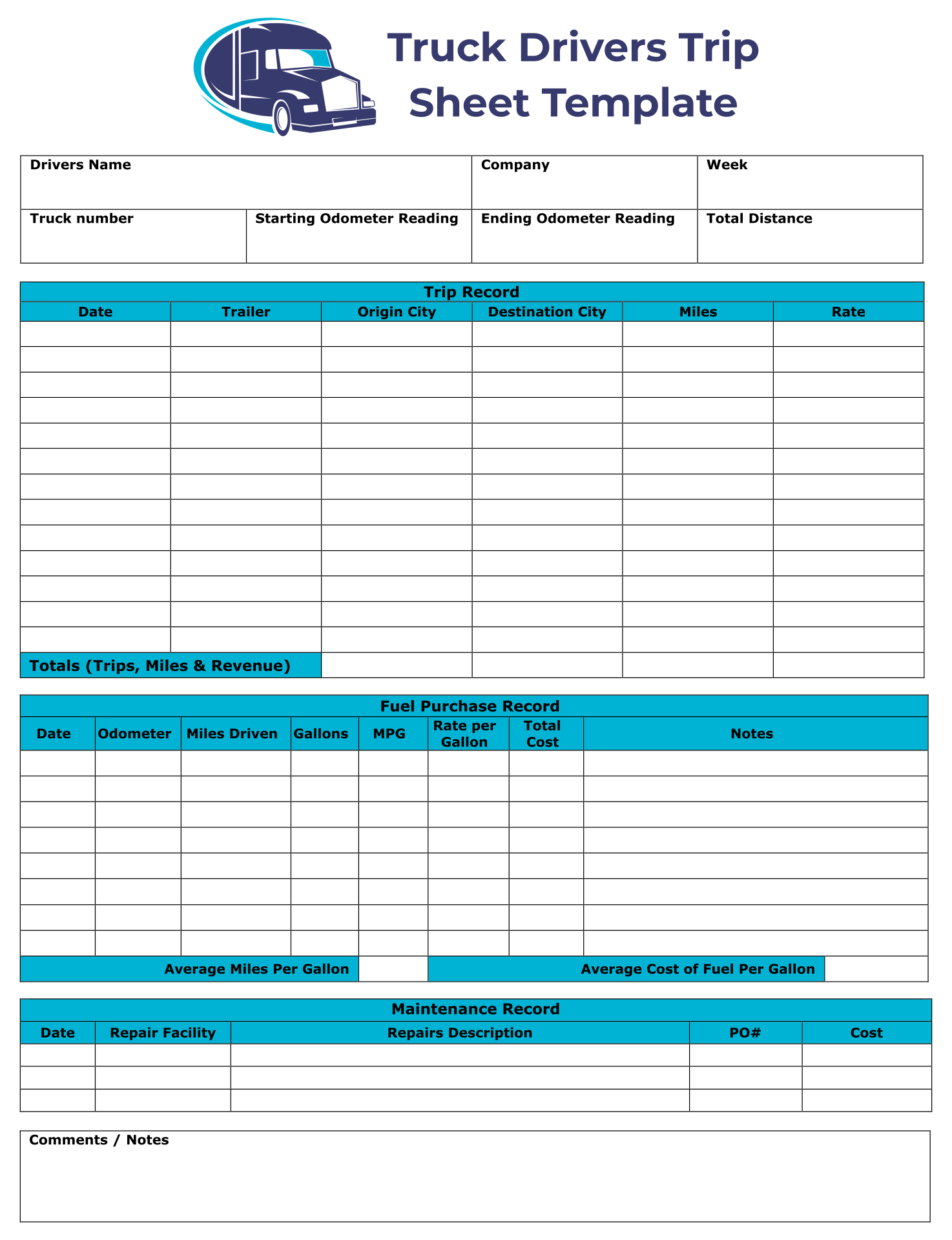 Trucking Trip Sheet Sheet