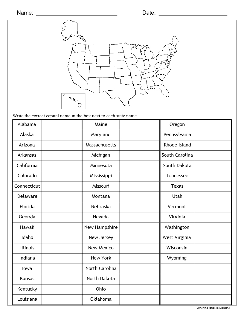 Printable Sheet 50 States And Capitals
