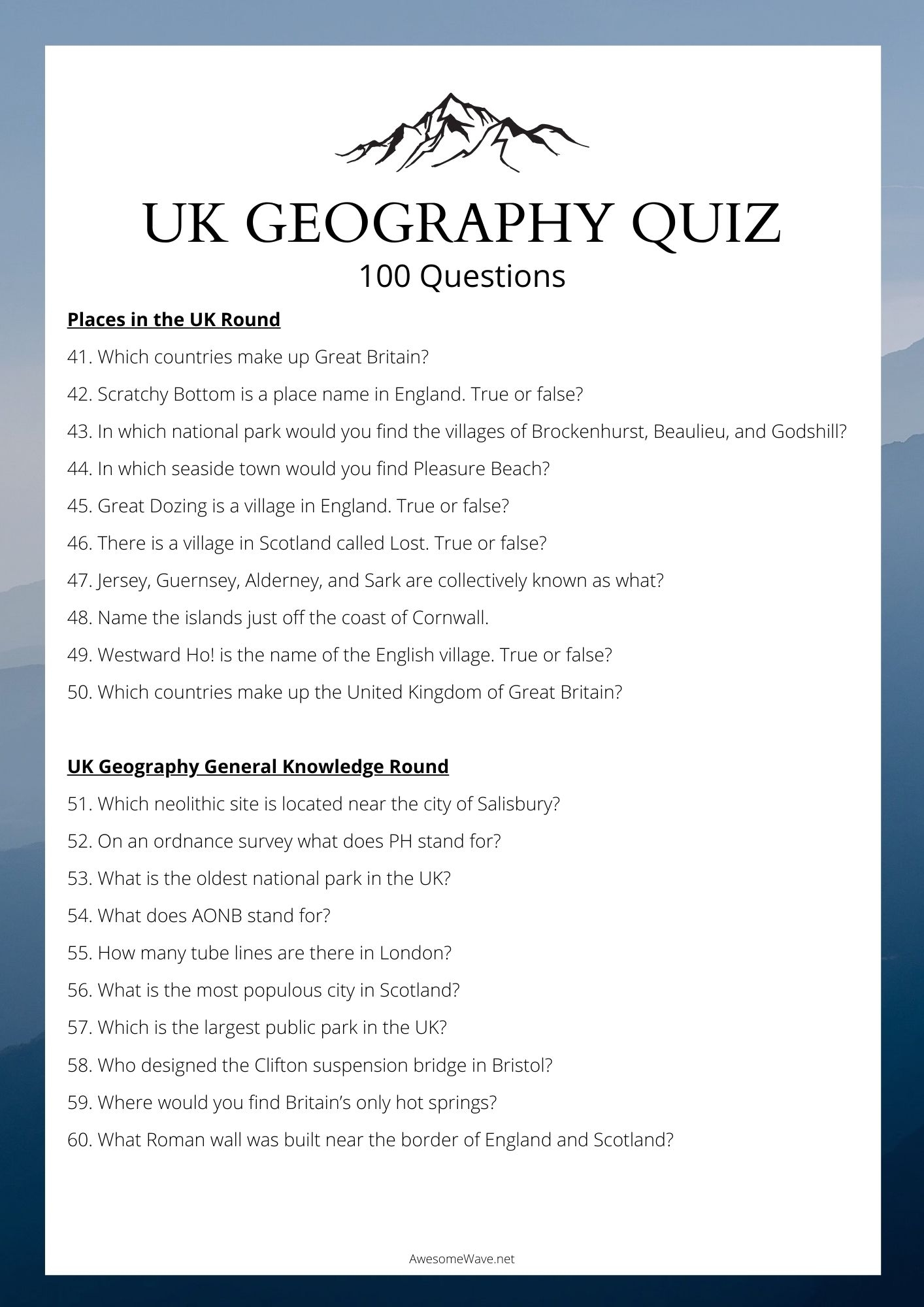 Printable General Knowledge Quiz Uk