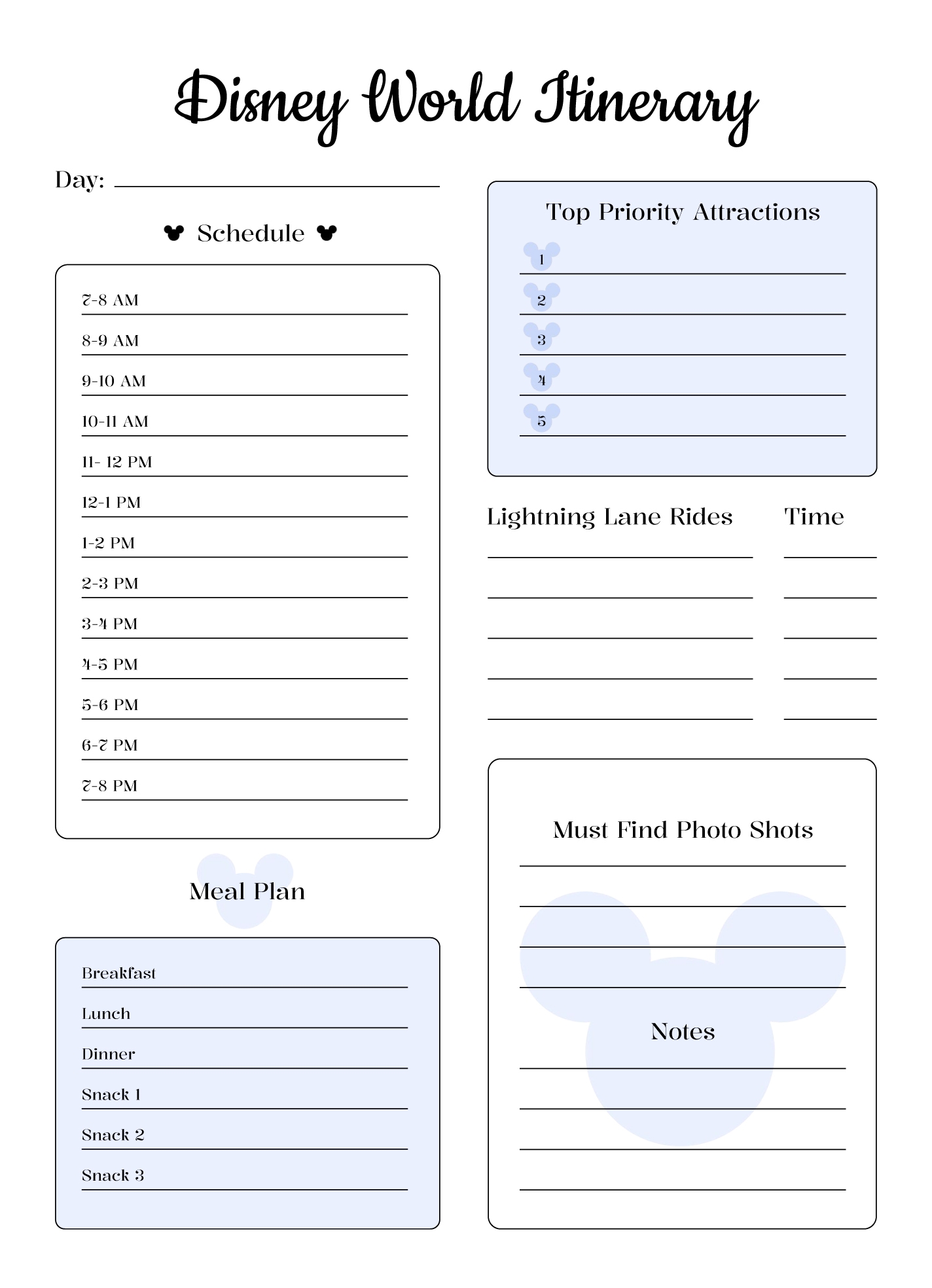 Printable Free Disney Itinerary Planner Printable Free Disney Itinerary Planner
