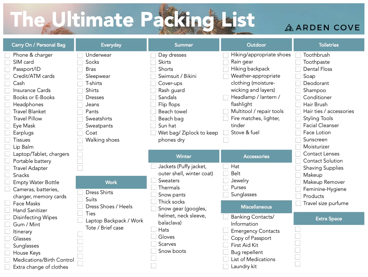 Ultimate Vacation Packing Travel Checklist Free Printable PDF  Ultimate Vacation Packing Travel Checklist Free Printable PDF