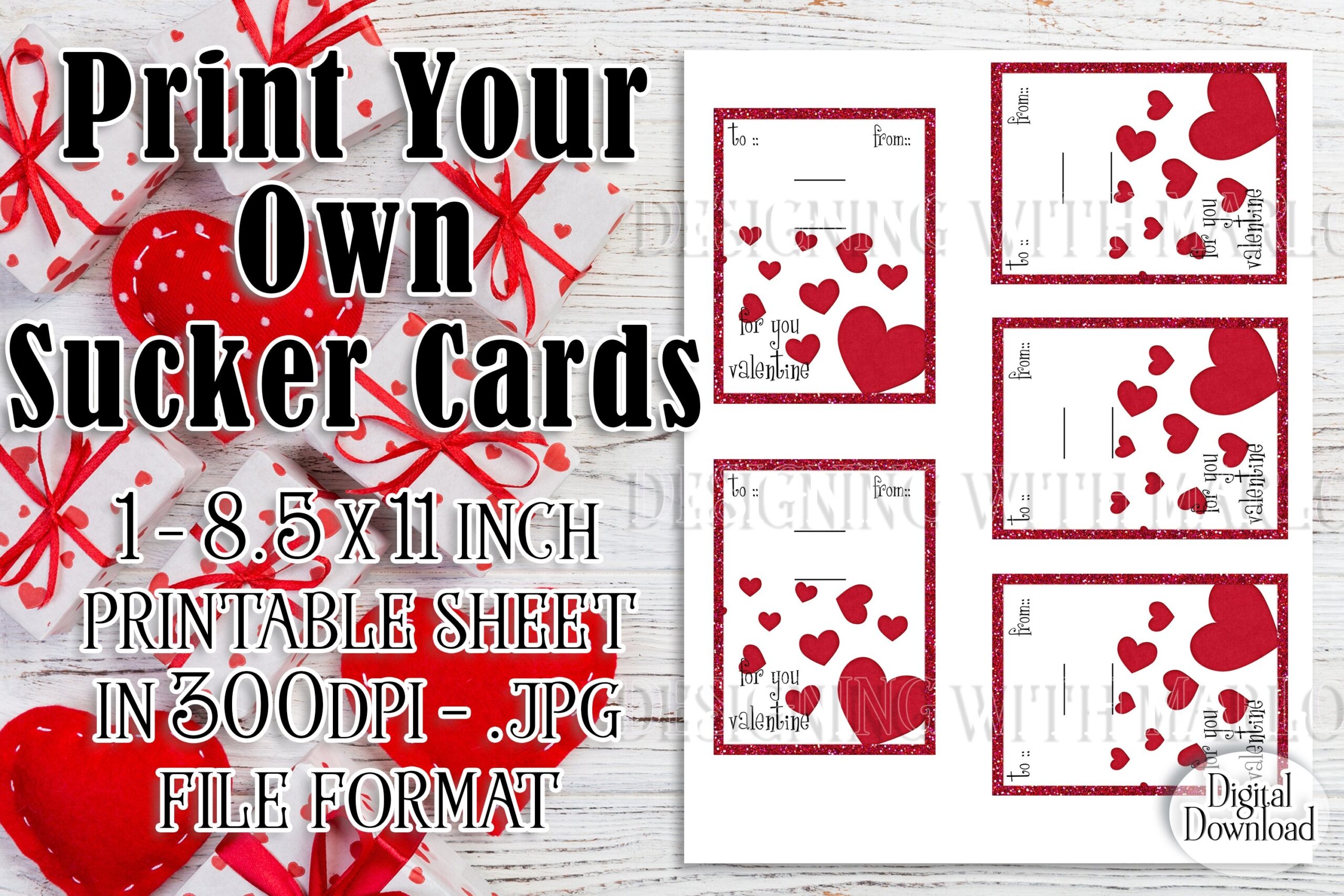 Valentine s Day Red Hearts Printable Sucker Cards Sheet