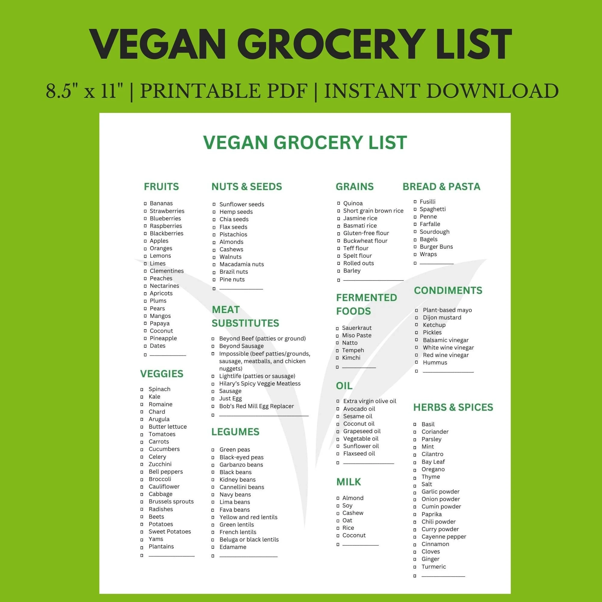 Vegan Grocery List 8 5 X 11 Instant Download Printable Etsy