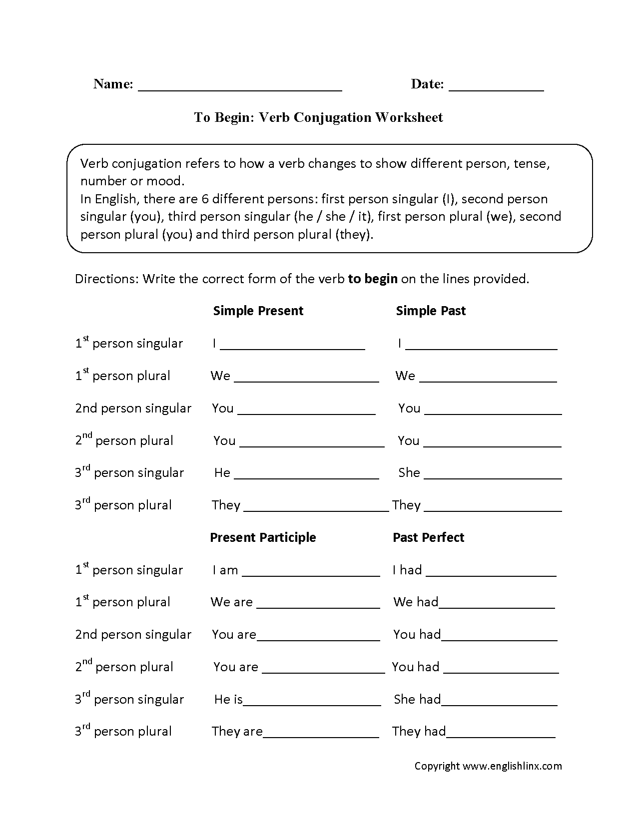 Verbs Worksheets Verb Conjugation Worksheets