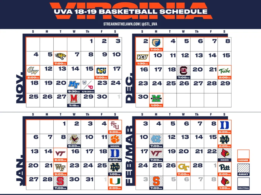 Virginia Basketball 18 19 Printable Schedule Streaking The Lawn