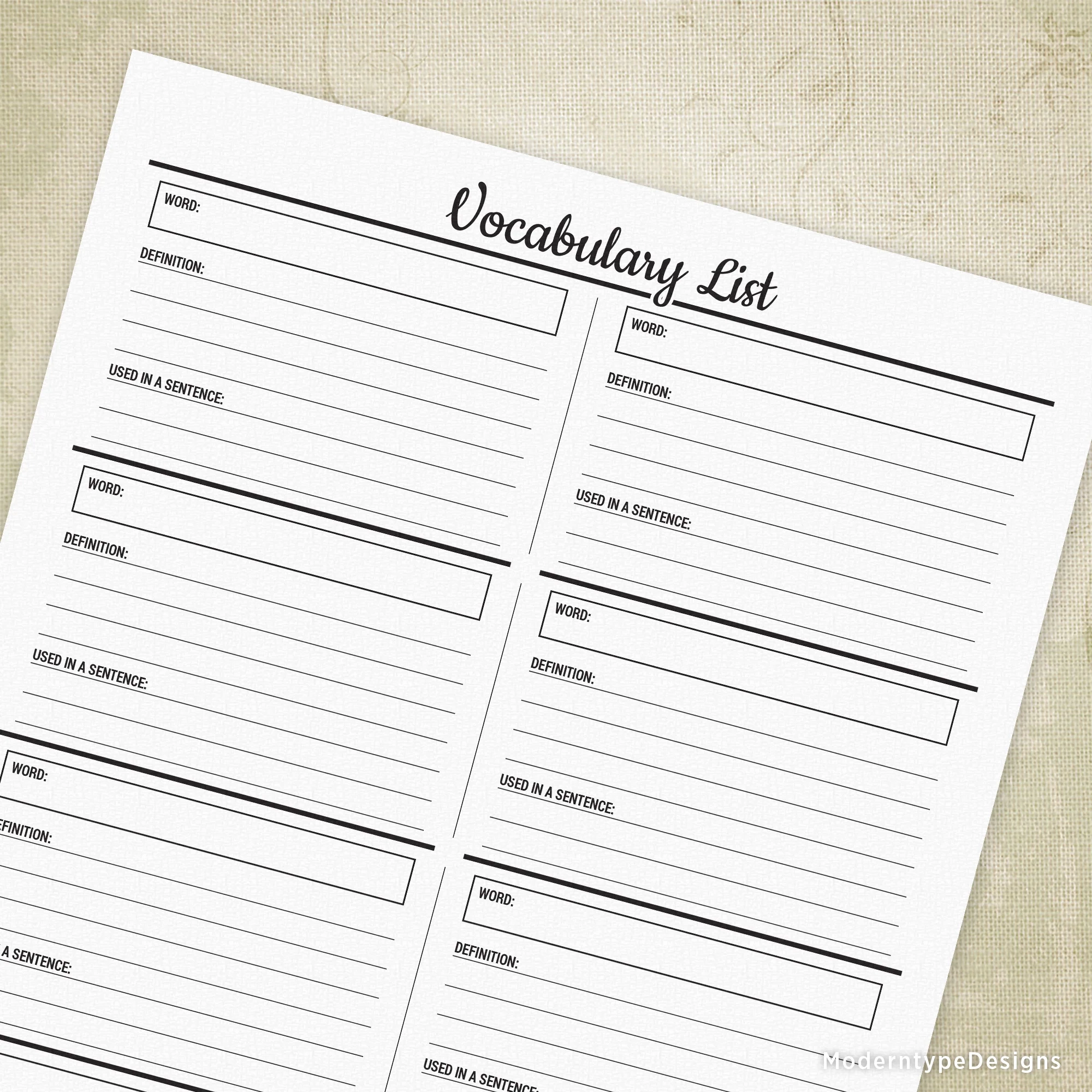 Vocabulary List Printable