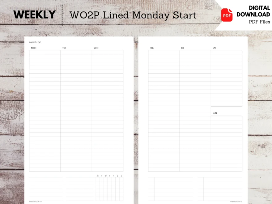 W323 Printable Insert Half Letter Lined WO2P Week On 2 Page Vertical Monday Start Lists Habit Tracker Notes