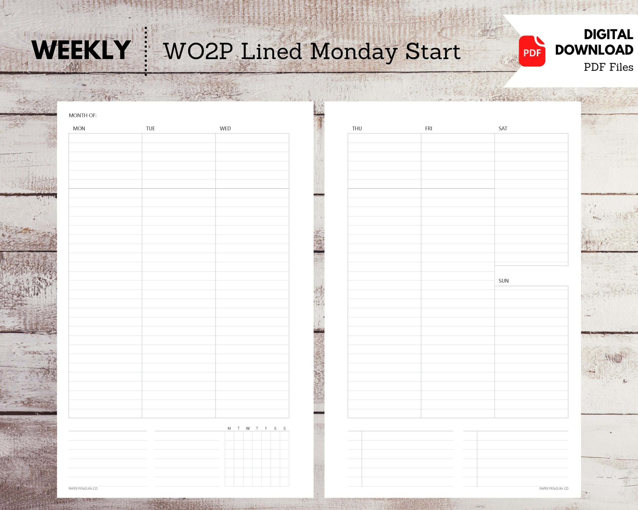 W323 Printable Insert Half Letter Lined WO2P Week On 2 Page Vertical Monday Start Lists Habit Tracker Notes
