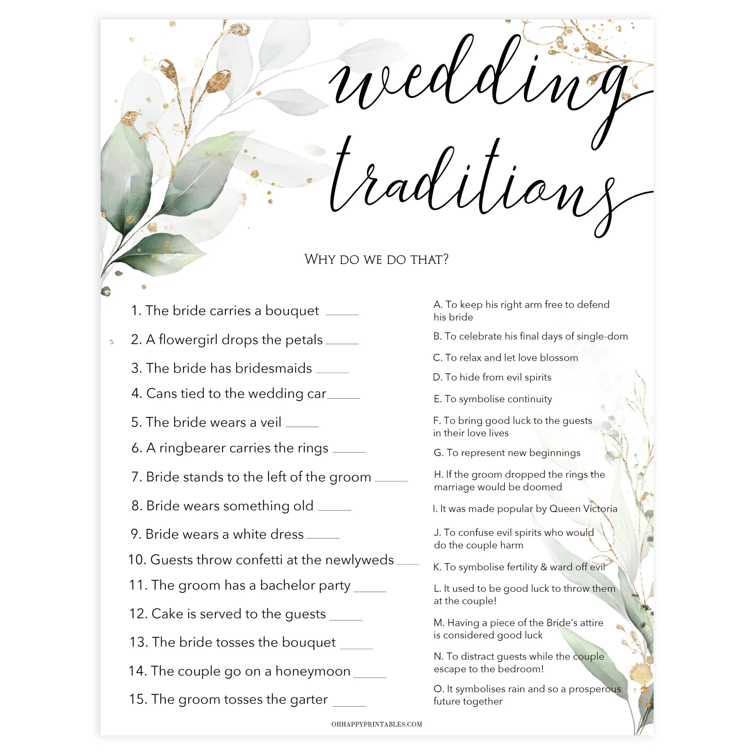 Wedding Traditions Trivia Game Shop Printable Bridal Shower Games OhHappyPrintables