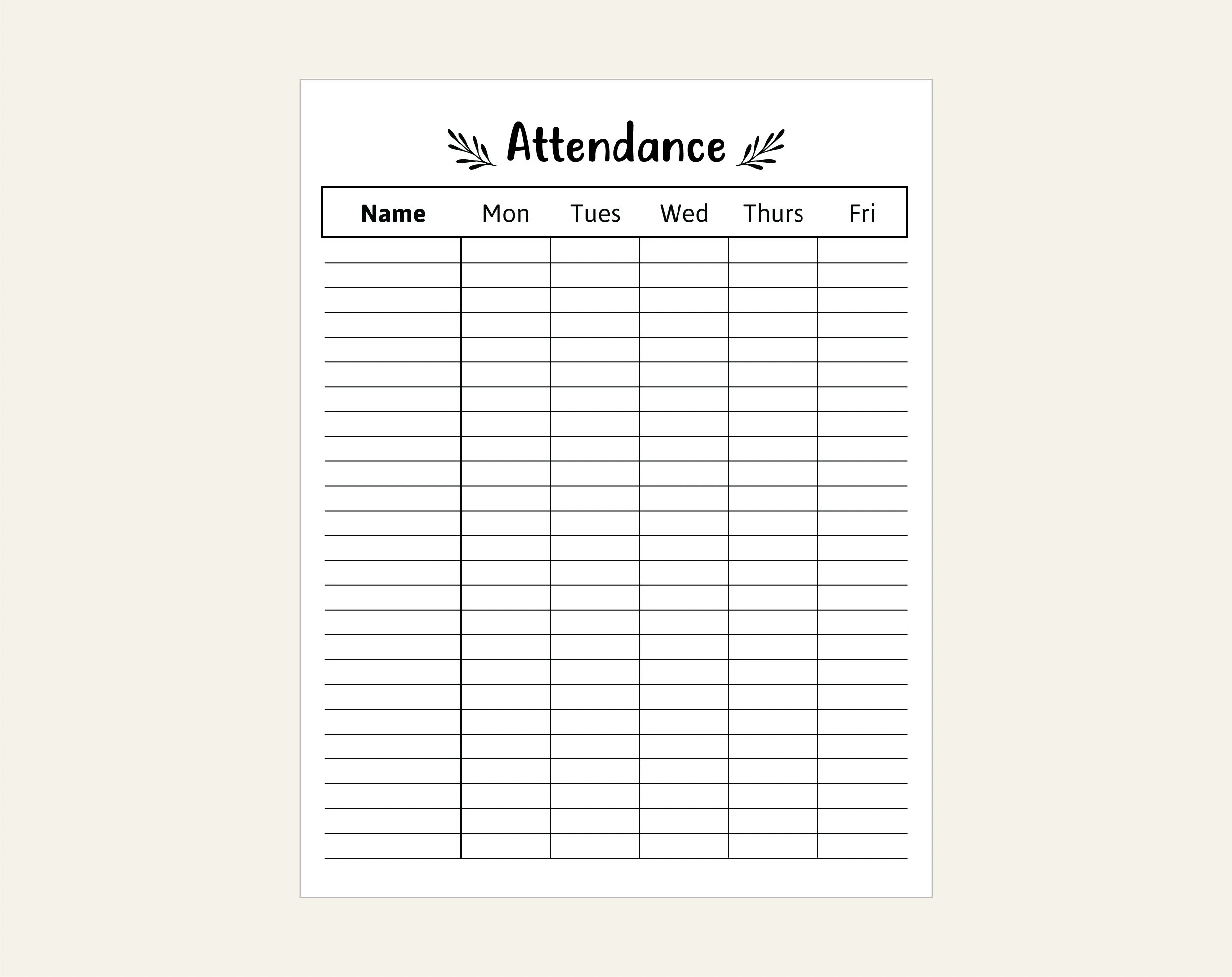 Monday Through Friday Attendance Sheet Printable Monday Through Friday Attendance Sheet Printable