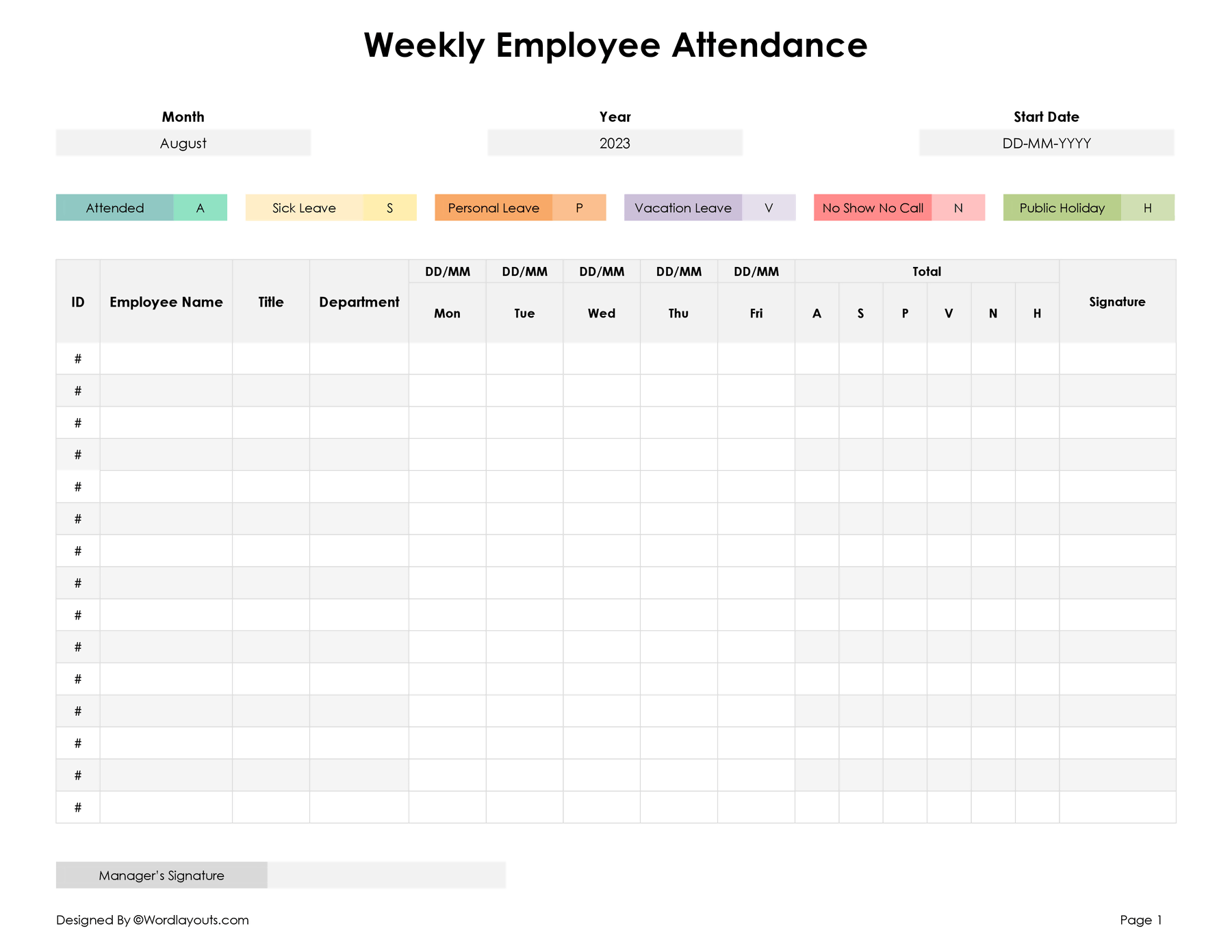 Weekly Attendance Sheet Template For Excel Word Weekly Attendance Sheet Template For Excel Word