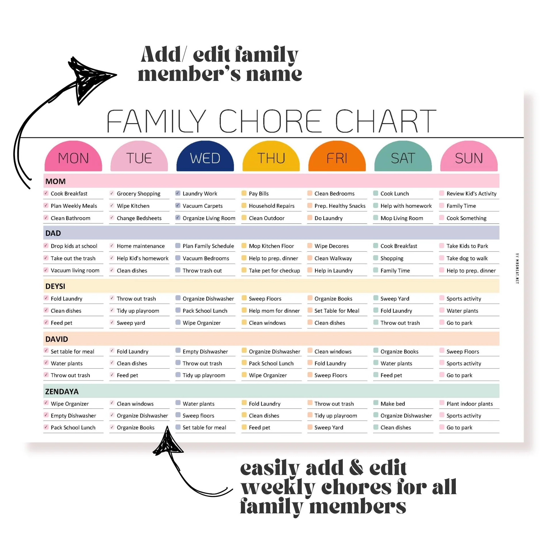 Weekly Family Chore Chart Editable And Printable PDF Mrsneat