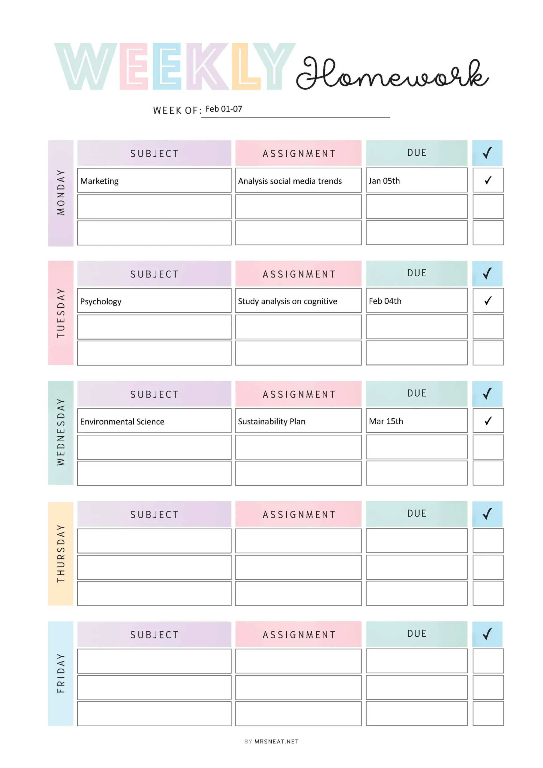 Weekly Homework Tracker Printable M539 Mrsneat