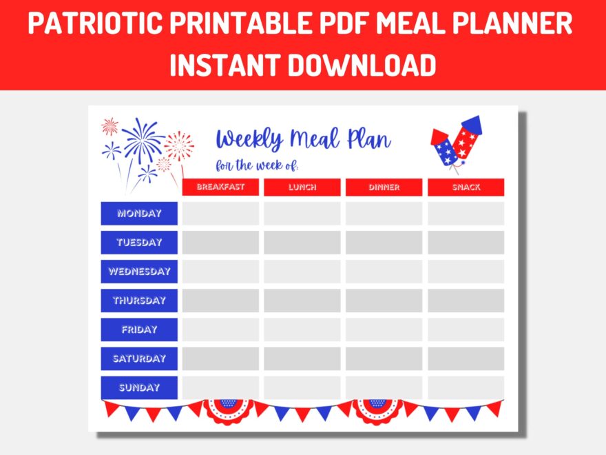 Weekly Meal Planner Printable Patriotic July 4th Red White Blue Theme Grocery Shopping List Instant PDF Download Weekly Menu Planner Etsy