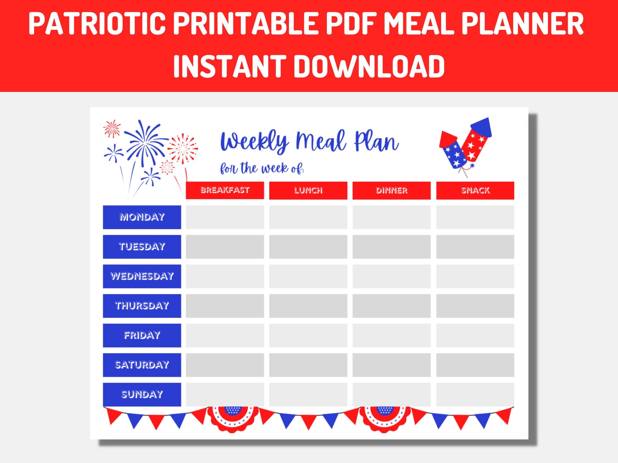 Weekly Meal Planner Printable Patriotic July 4th Red White Blue Theme Grocery Shopping List Instant PDF Download Weekly Menu Planner Etsy