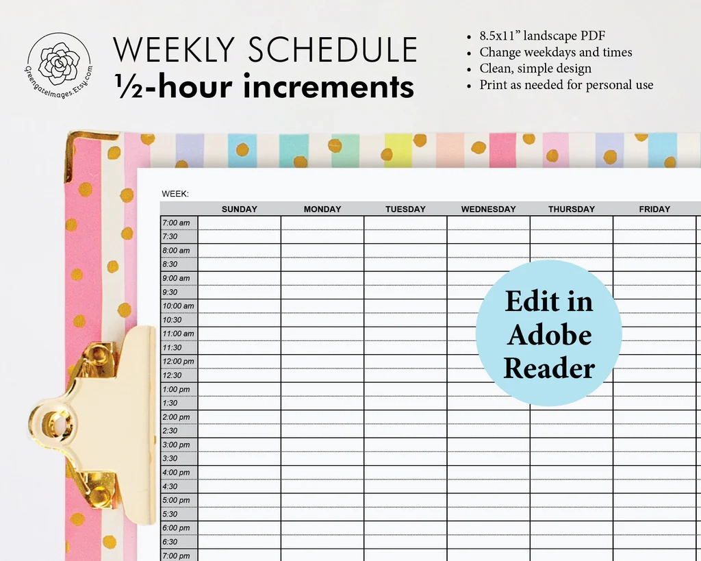 Weekly Schedule Printable Half Hour Increments